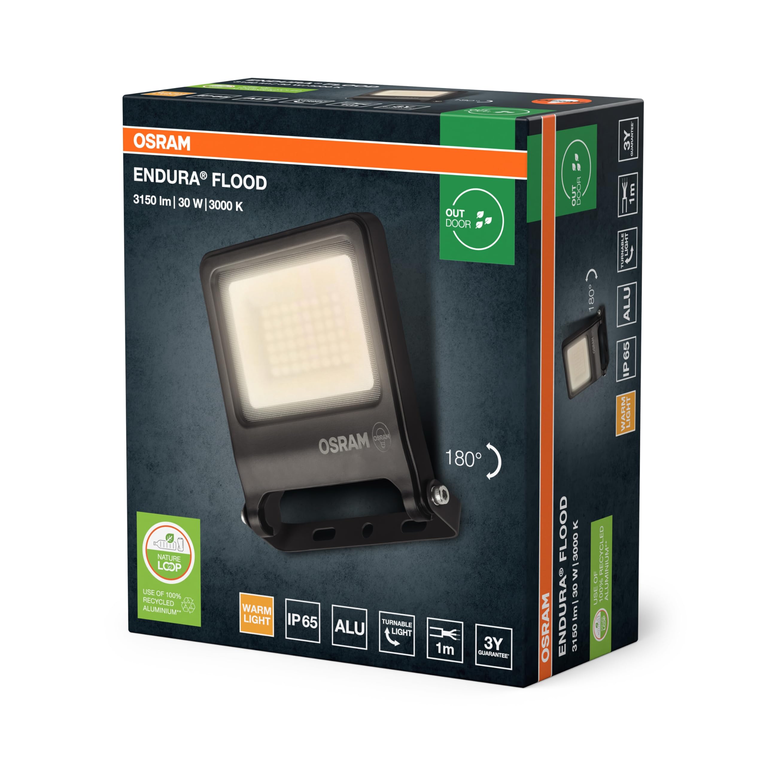 Osram ENDURA FLOOD PC 30W LED-Fluter, 3000K warmweiß, 3000 Lumen, IP65 Flutlicht umweltfreundlich, 110° Lichtwinkel, 100 lm/W, Grau