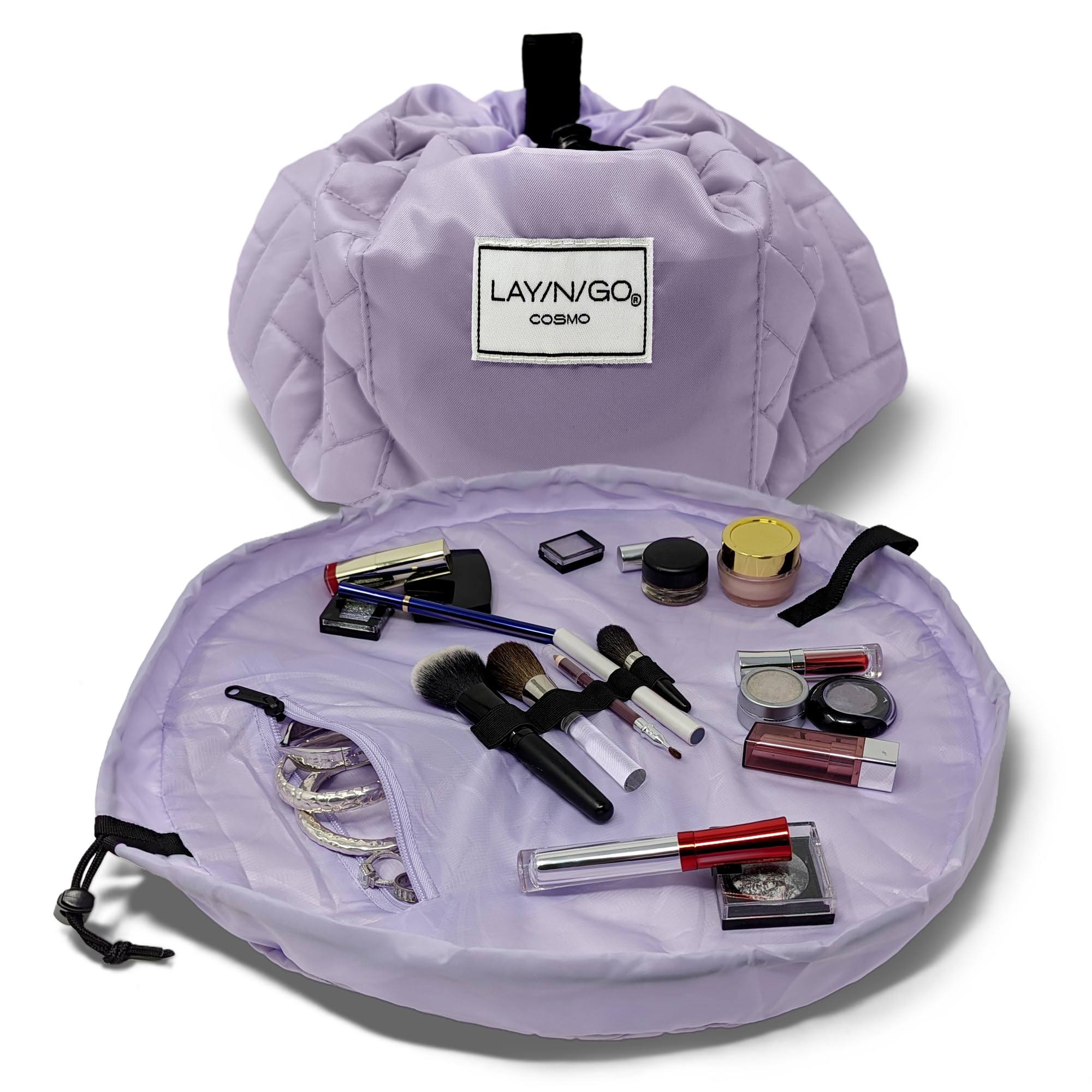 Lay-n-Go Cosmo Layflat Drawstring Cosmetic & Makeup Bag Organizer - Portable Drawstring Bag w/Zipper Pocket, Makeup Loops & More - Durable, Machine