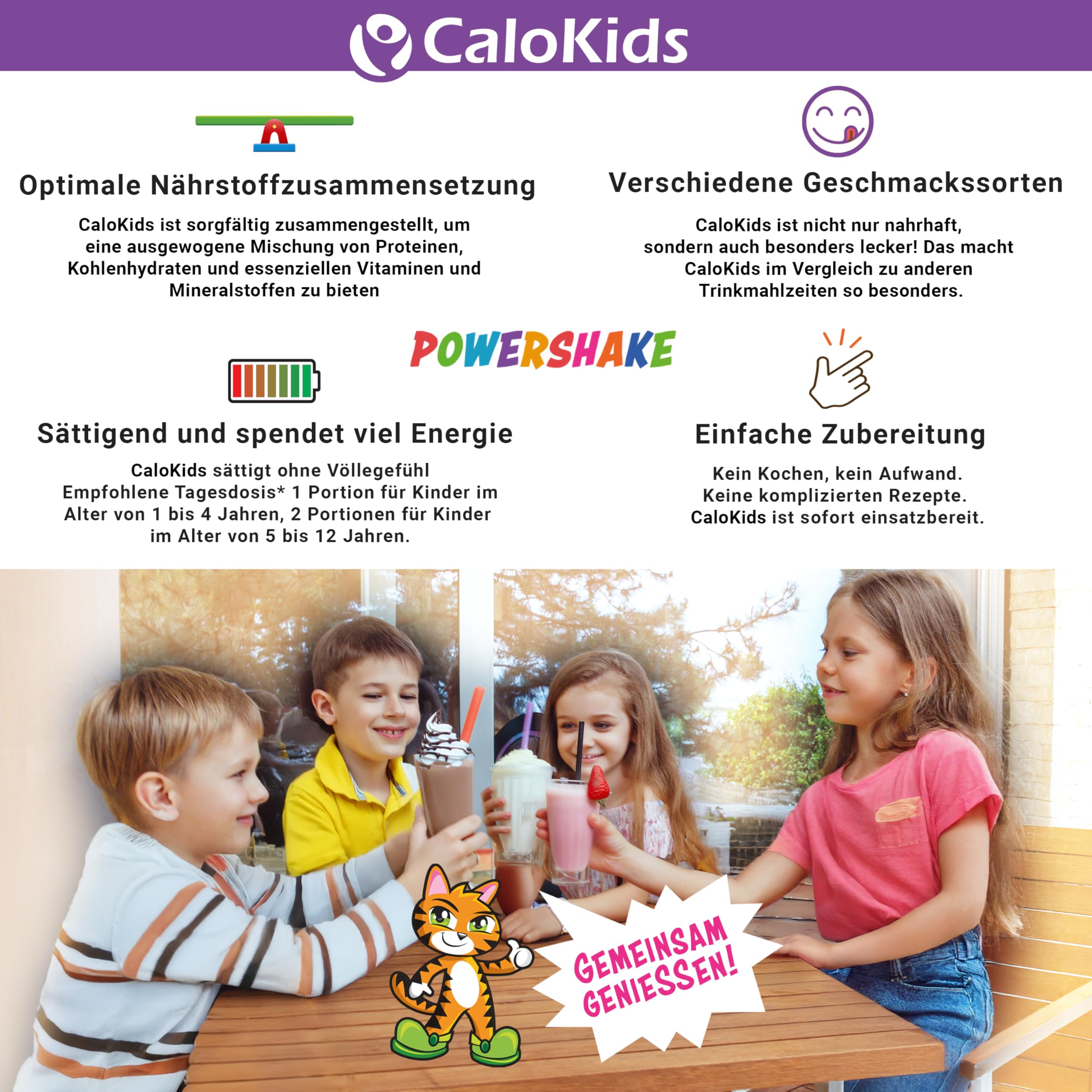 Beber Alimentos Niños Powershake Suplemento Dietético para Niños de 1-12 Años | 27 Vitaminas Minerales y Proteínas para apoyar el Desarrollo del Crecimiento y el Sistema Inmunológico | CaloKids (500 g