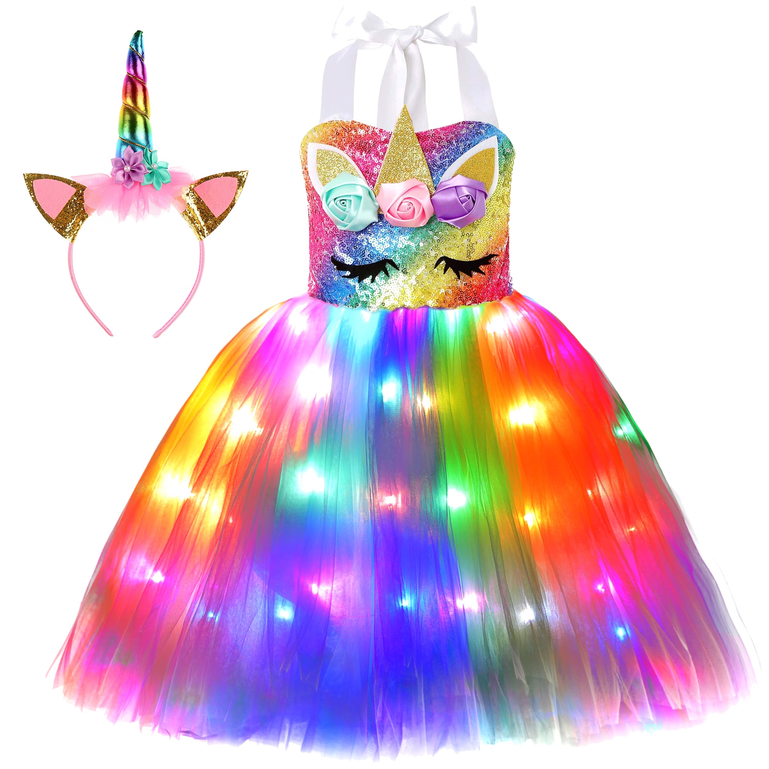 Girls Unicorn Costume LED Light Up Princess Tutu Dress with Unicorn Headband for Halloween Birthday Party