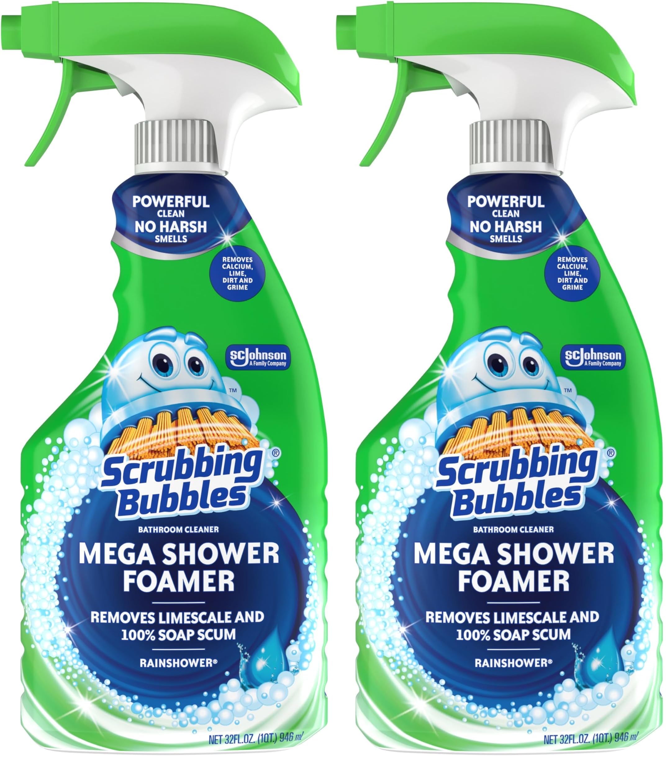 Mega Shower Foamer Disinfecting Spray, Multi-Surface Bathroom and Tile Cleaner Grime Fighter, Removes 100% Soap Scum, Rainshower Scent, 32 oz, Packaging May Vary (Pack of 2)