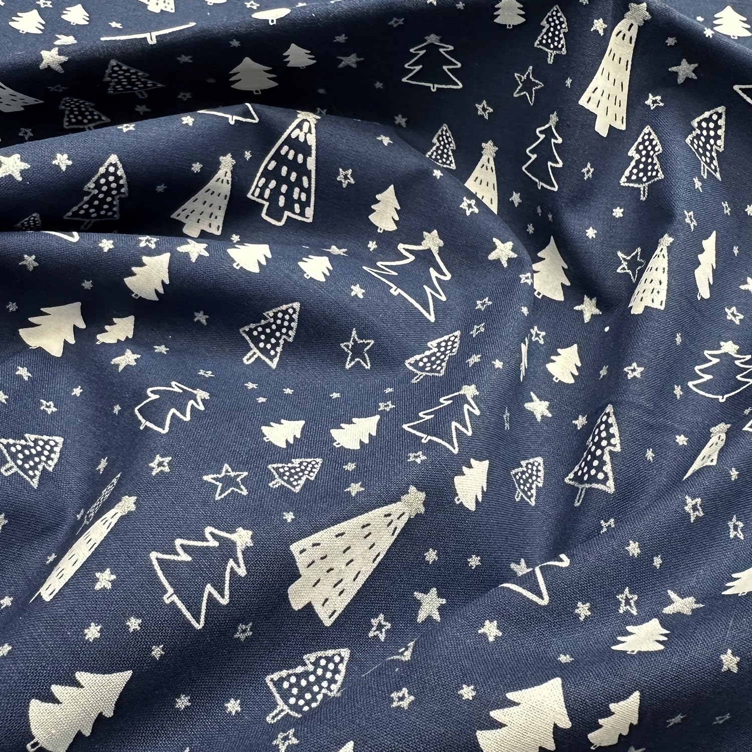 Glamour Secrets Blue Christmas Fabric - White & Silver Christmas Trees & Stars On Navy - Xmas Craft Fabric Material Metre