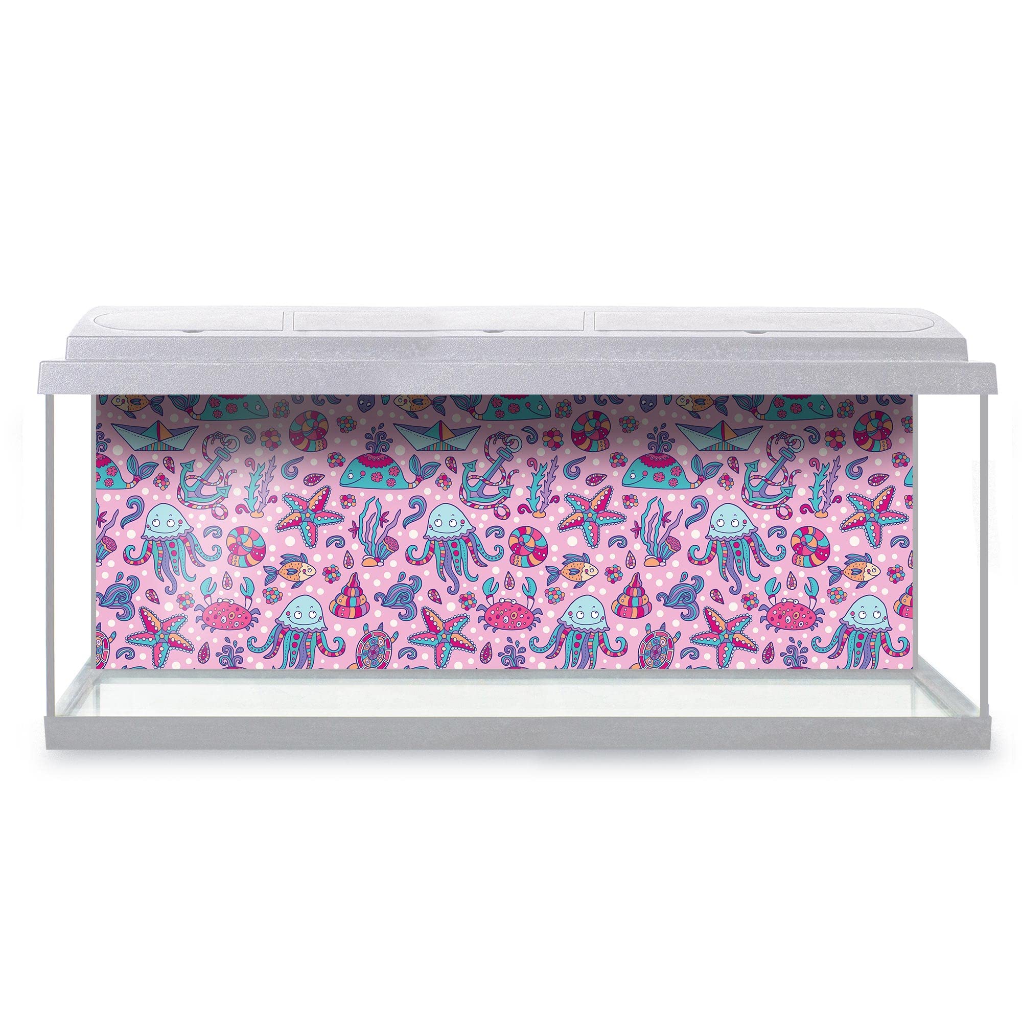 DV DESIGN Aquarium Fish Tank Background 123x42 cm - Sea Creatures Seamless Pattern Illustration Pink Marine Static Cling Vinyl Vivarium Terrarium External Application #500169