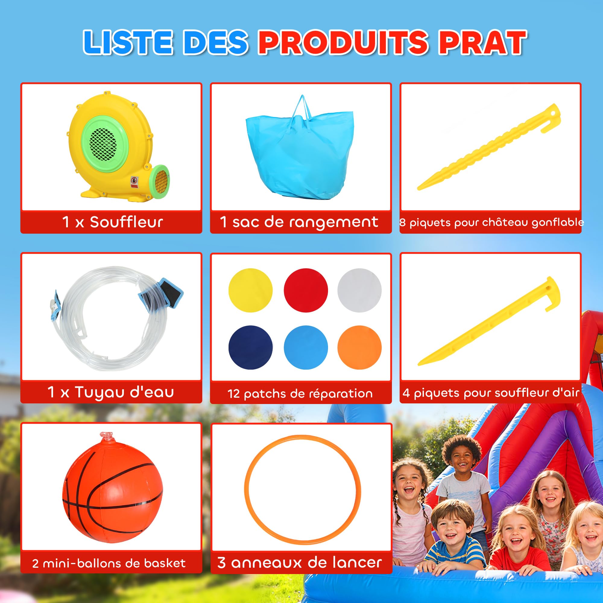AIYAPLAY Château Gonflable avec souffleur 8 en 1 Parc Aquatique avec Toboggan, Trampoline, Piscine à balles, But de Football, Mur d'escalade, Panier de Basket, Jeu d'anneaux 350x325x210cm