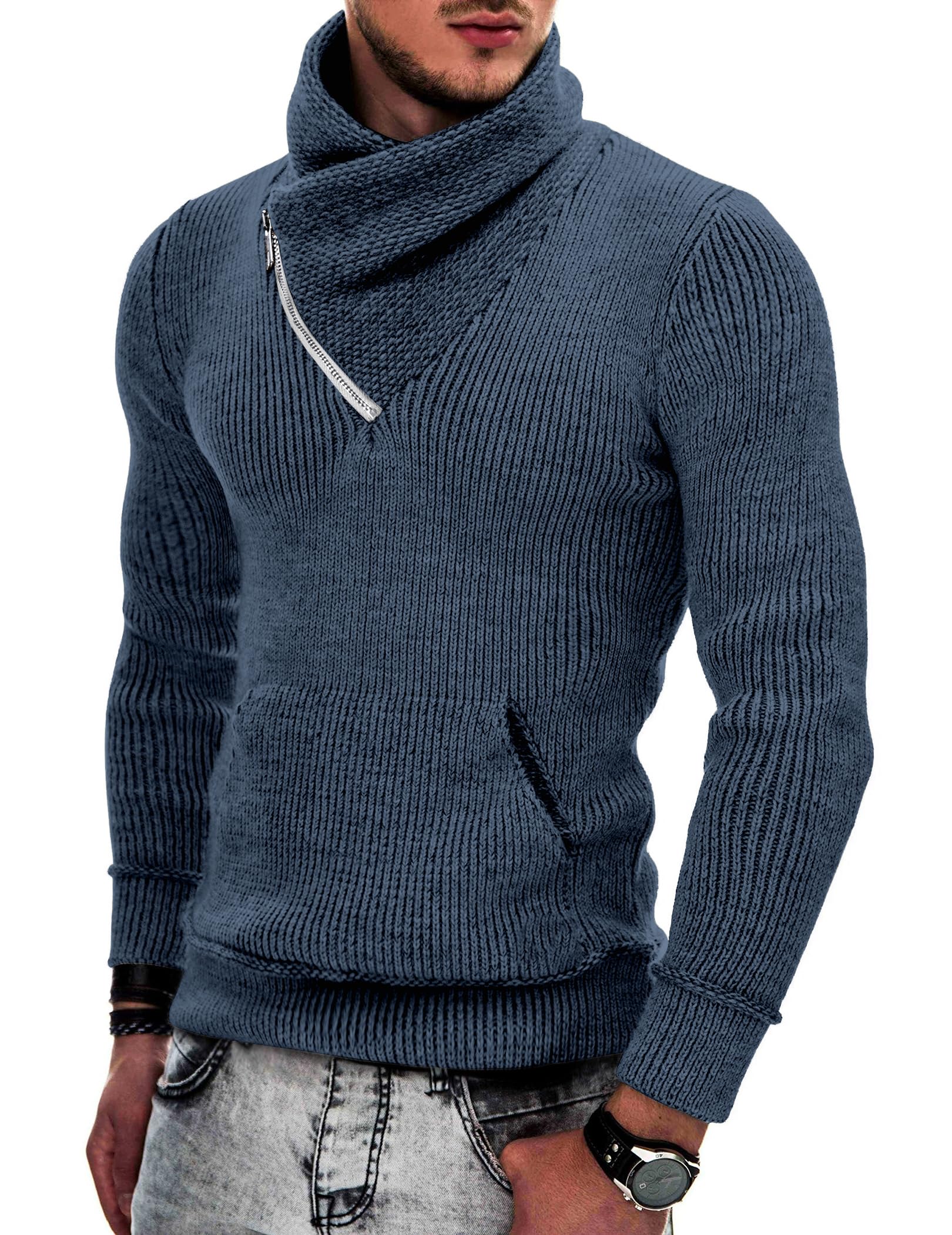 COOFANDY Maglione da uomo a collo alto lavorato a maglia, con collo a scialle, slim fit, con tasche