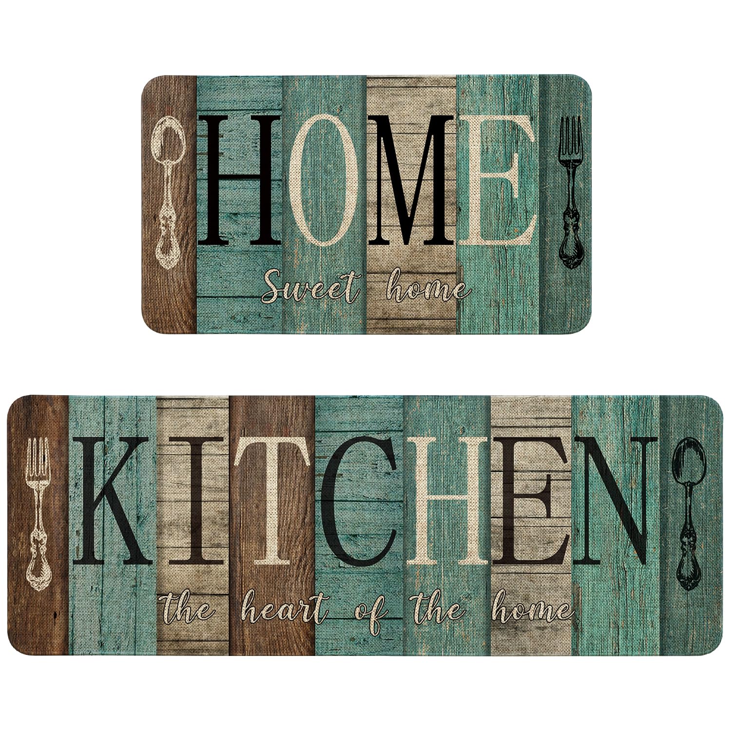 HSOWKDN Farmhouse Teal Kitchen Rugs Sets of 2 Non Slip Washable, Turquoise and Grey Rustic Kitchen Mats for Floor 2 Piece Home Decor