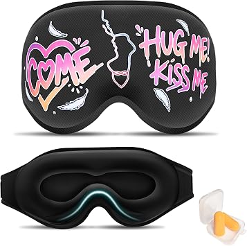 3D Sleep Mask for Side Sleepers Funny Pattern Men & Women, 100% Light Blocking & No Eye Pressure, Adjustable Night Solft Blindfold for Travel, Flight, Nap, BlackCome Hug me