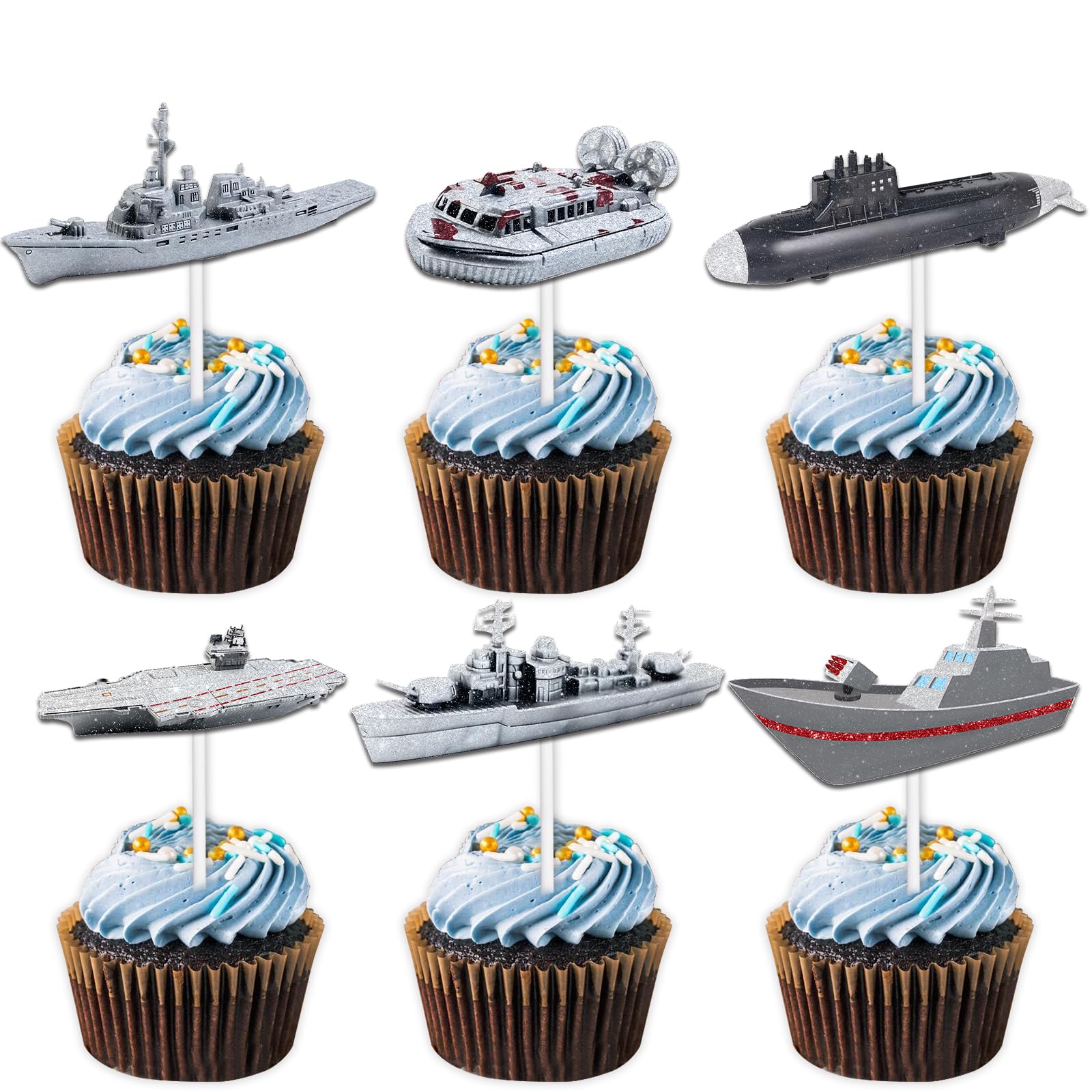 18pcs Grey Glitter Naval Vessel Dessert Cupcake Topper Nautical Warship Sailing Sea Ocean Navy Boat Happy Birthday Party Theme Decoration Decor Favour Supplies Set