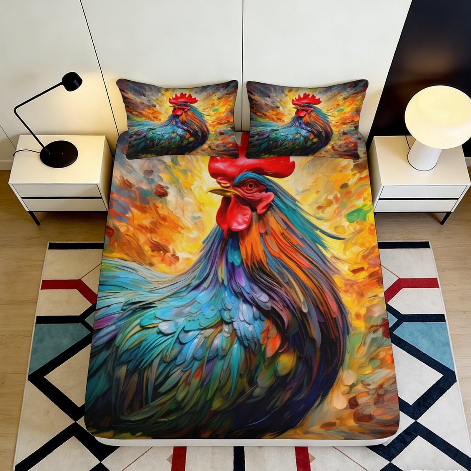 3D Printed Colorful Rooster Fitted Sheet Microfiber Soft Breathable Vibrant Chicken Mattress Cover for Bedroom Dormitory Guest Room Mattress Protection 140x200x25cm