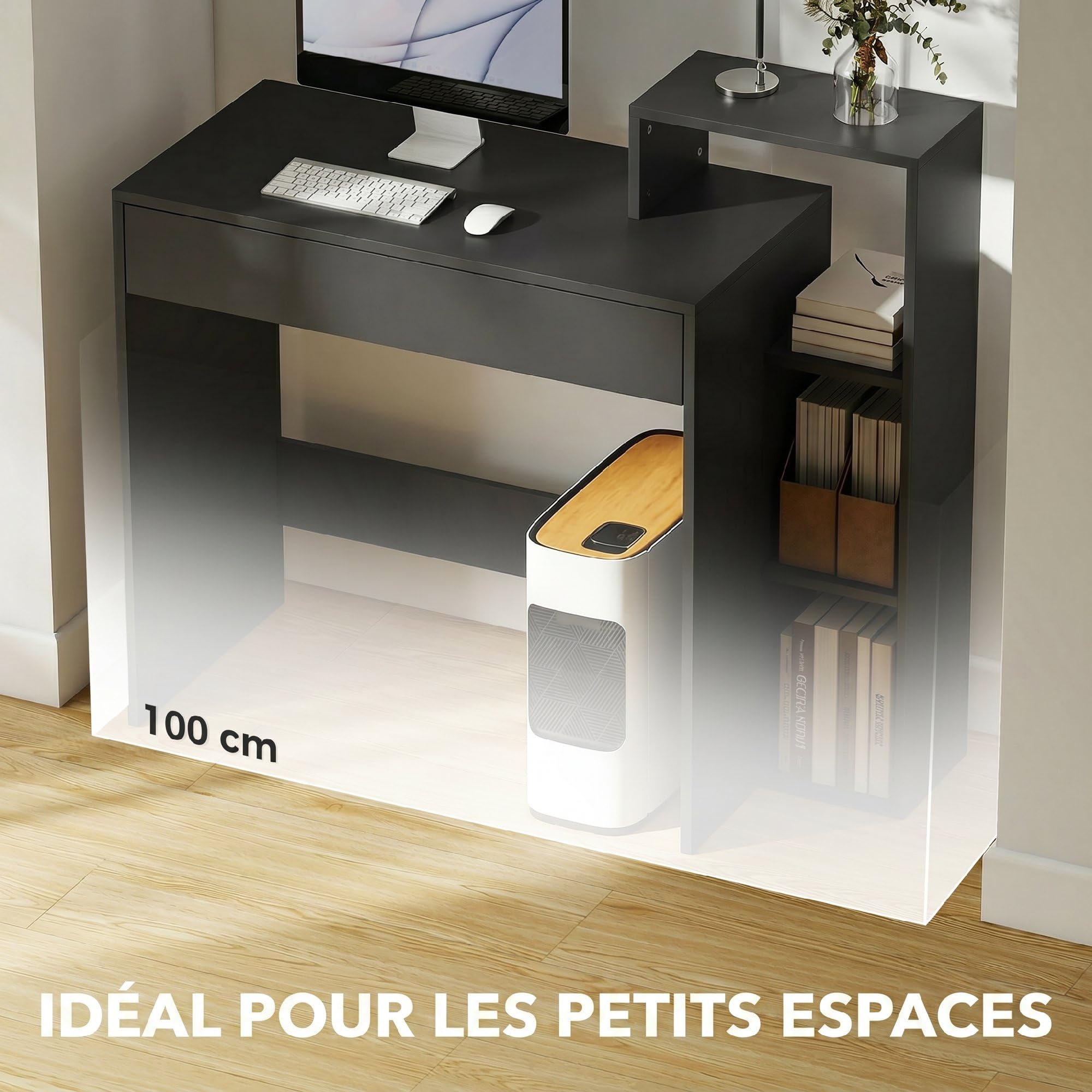 HOMCOM Escritorio con Almacenamiento, Escritorio PC, 100x40x90 cm, Negro | con 3 estantes, cajón, estación de trabajo, Escritorio de computadora para teletrabajo, sala de estar