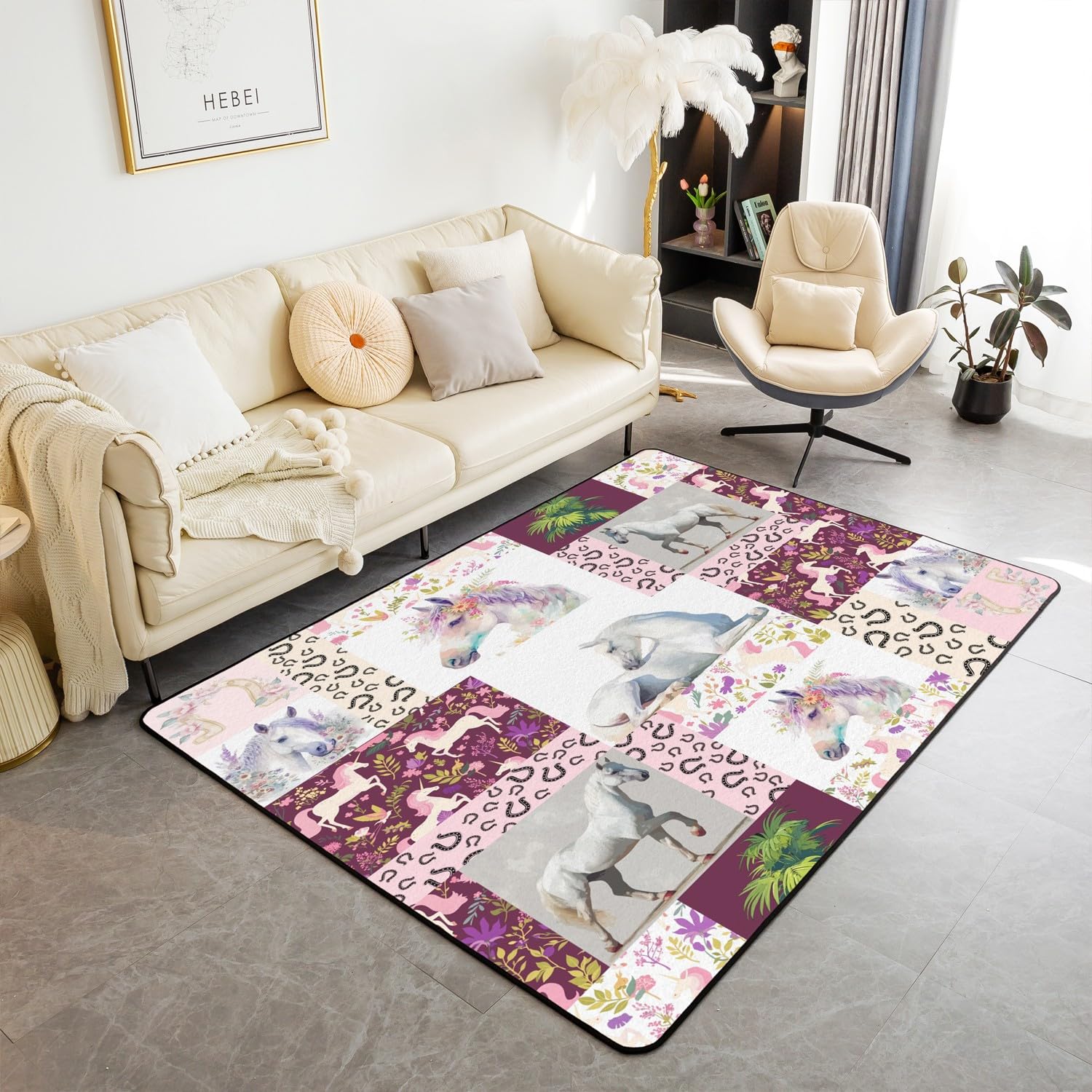 Loussiesd Alfombra decorativa con diseño de caballo, 150 x 200 cm, diseño de flores, para interiores y niñas, diseño de herradura occidental, alfombra decorativa para sala de estar