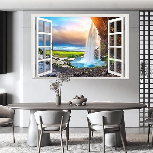 Miniatura 5 de Calcomanías de pared falsas 3D de cascada de bosque, mural de montaña natural, calcomanías de pared para sala de estar, dormitorio, comedor,