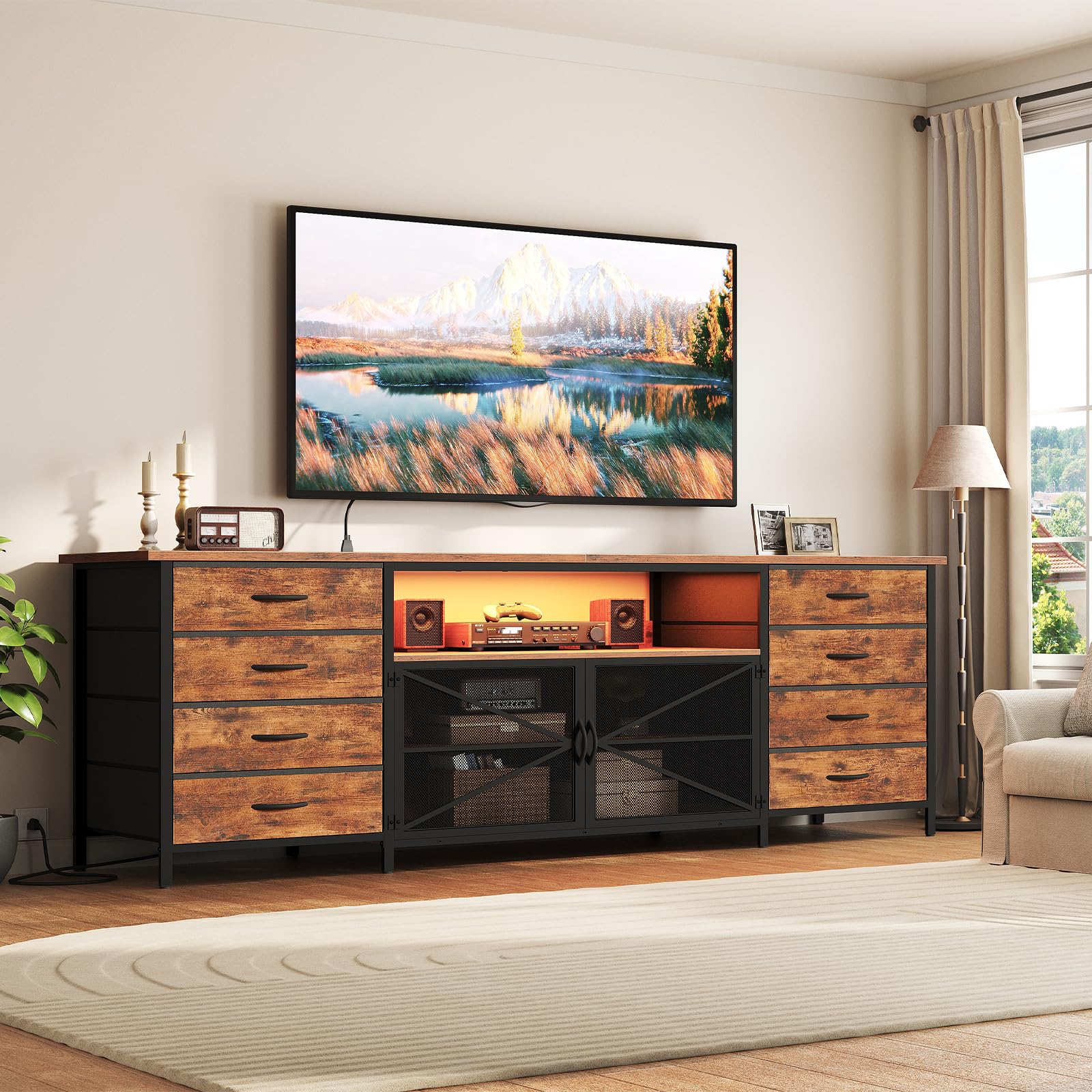 RALGEND 75/80/85 Inch TV Stand with Storage for Bedroom, Long Dresser TV Stand with 8 Fabric Drawers, 71" Large Entertainment Center TV Console with