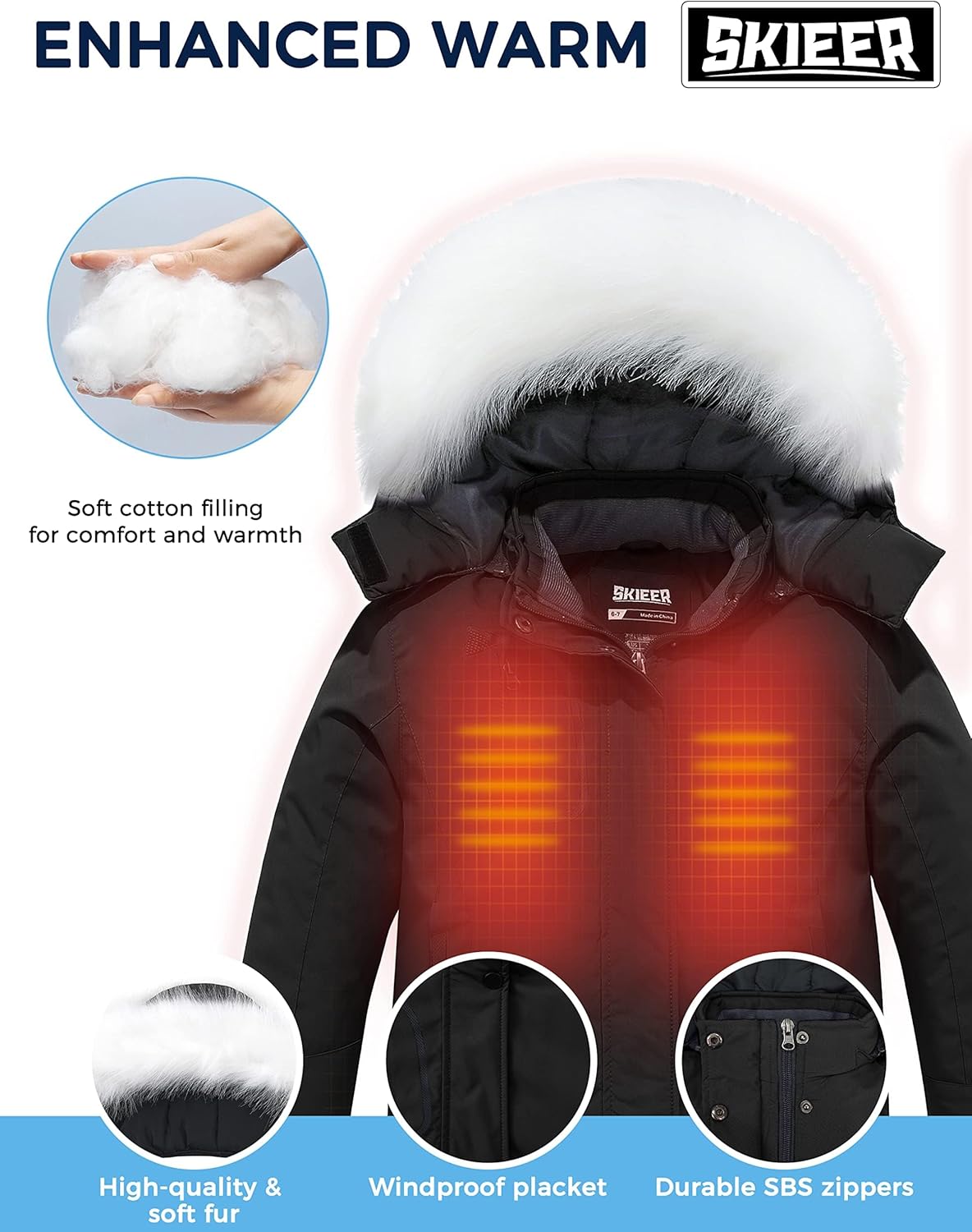 Skieer Girl's Waterproof Ski Jacket Windproof Winter Jacket Hooded Rain Coat - Image 5