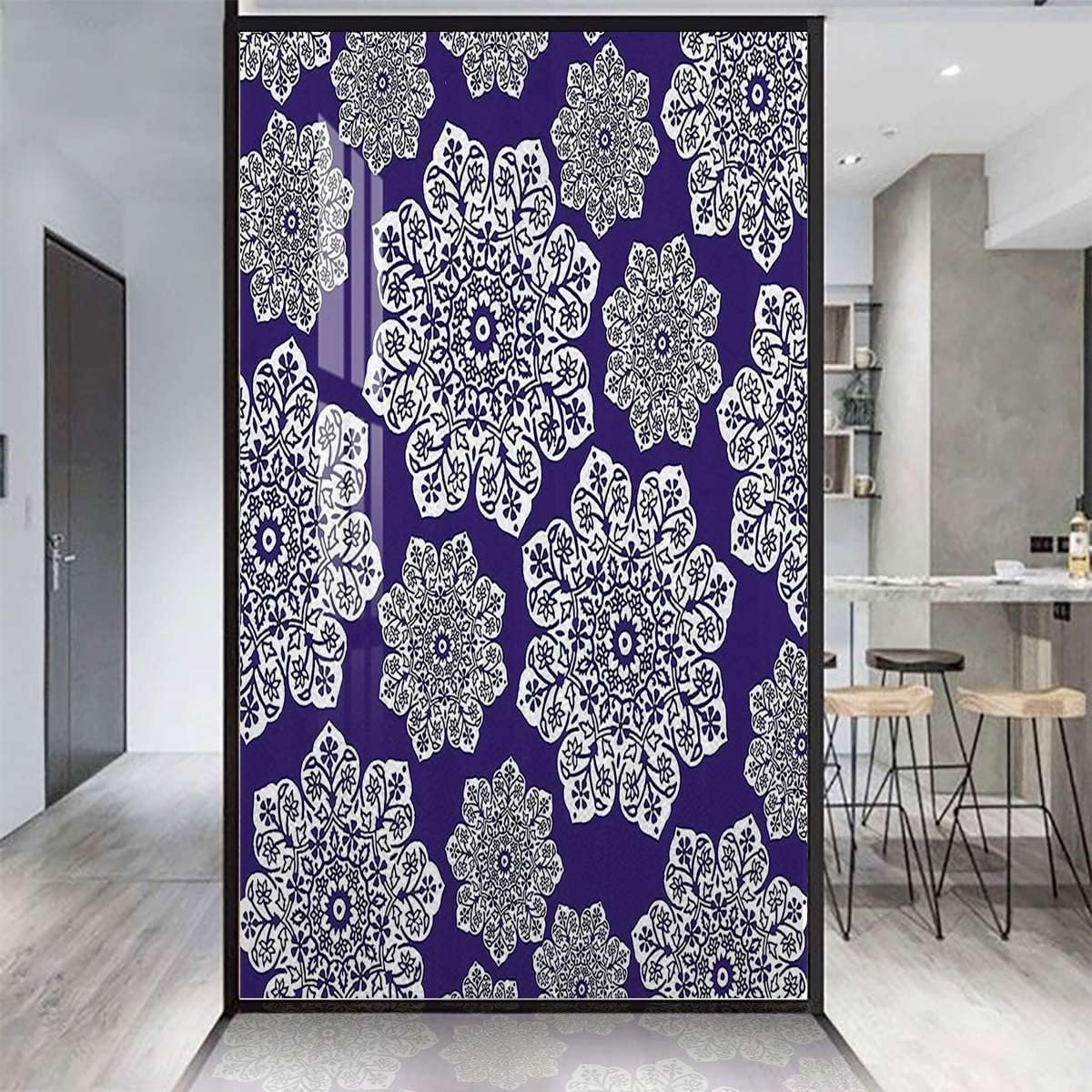 Blue White No Glue Frosted Privacy Film Stained Glass Door