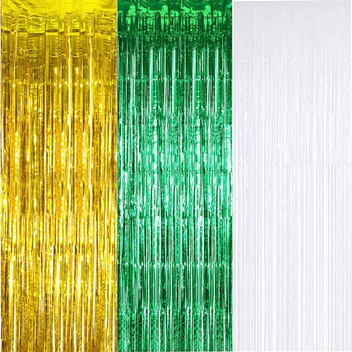 IGUO 3 Packs Green Gold White Tinsel Foil Fringe Curtains Decorations,3.2ft x 8.3ft Curtain High School College University Party Backdrop Photo Booth Prop for Lucky Green Day Birthday Party