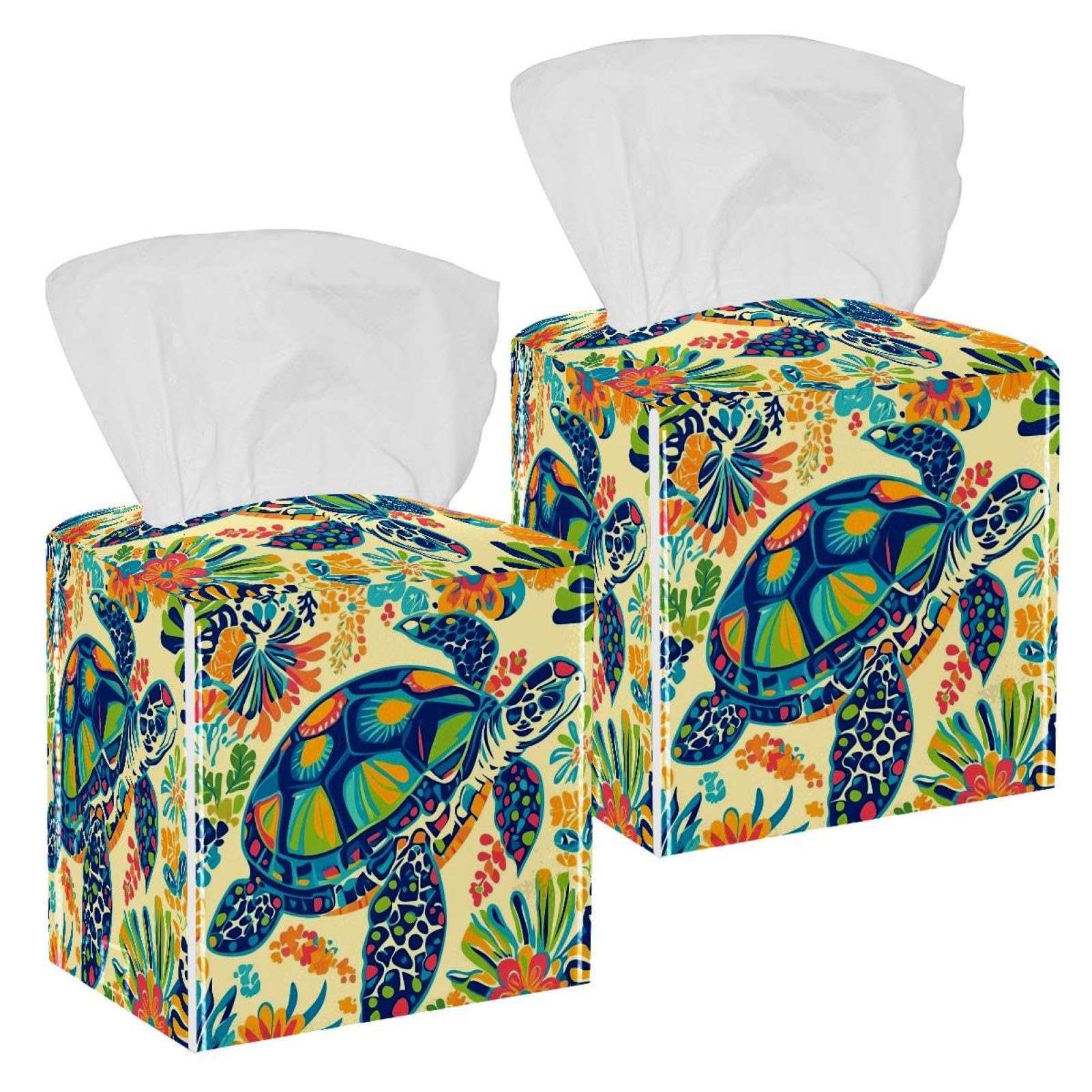 Colorful Turtle Tissue Box Cover, 2 Pack PU Leather Square Facial Tissue Dispenser Box holder for Home Office Car