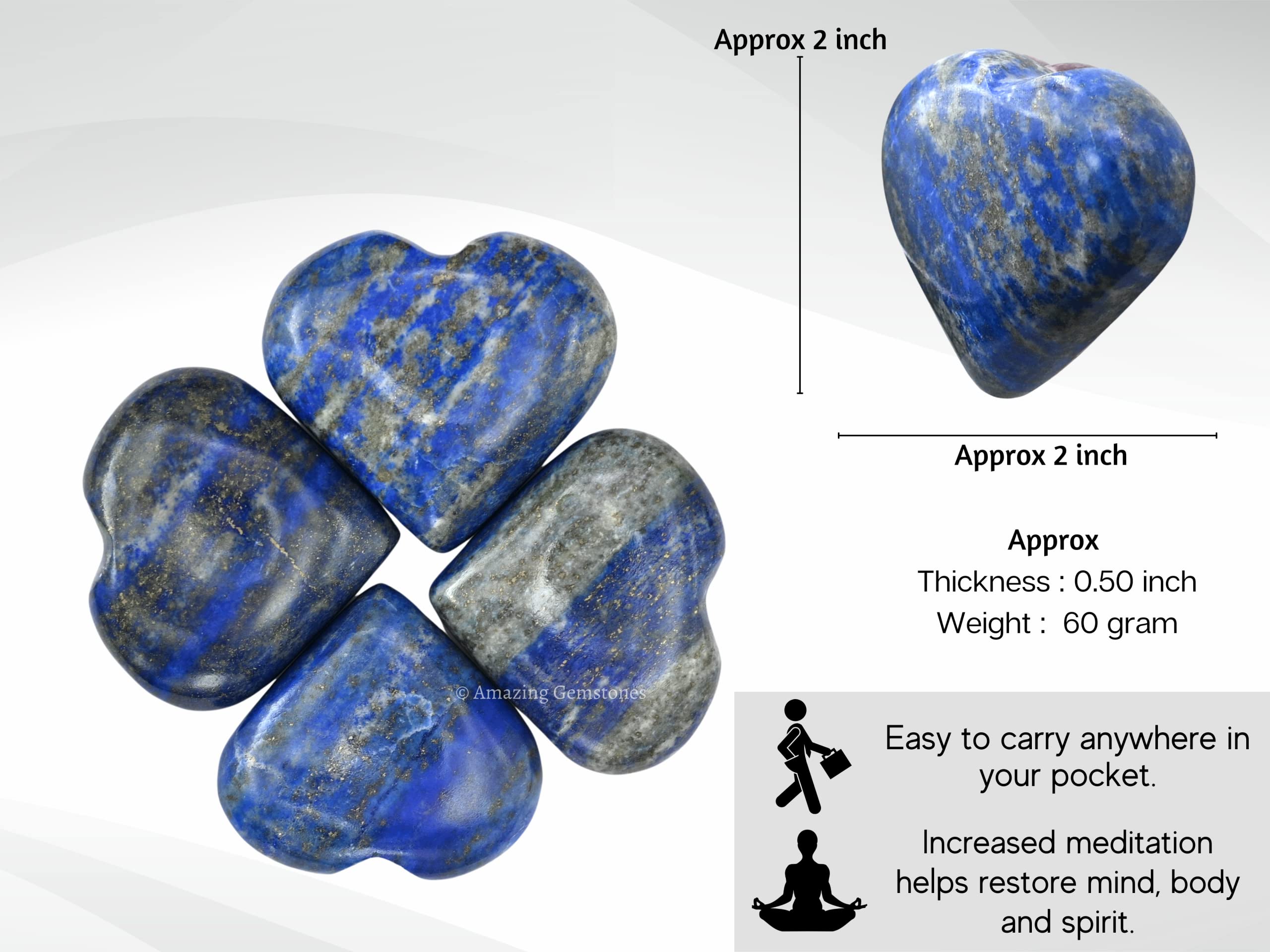 Lapis Lazuli Crystal Heart Palm Stone - Pocket Massage Worry Stone for Natural Body Chakra Balancing Reiki Healing and Crystal Grid - Image 2