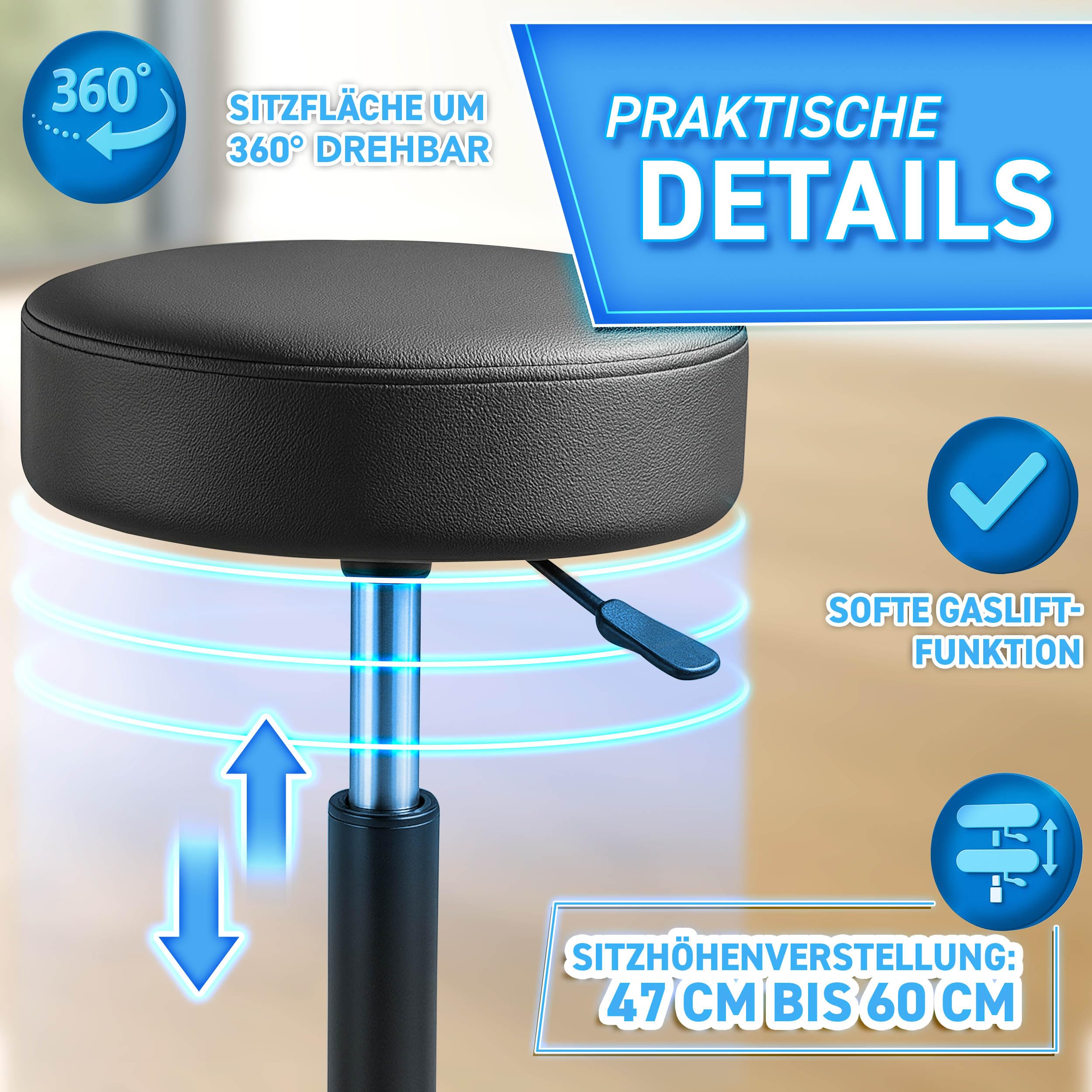 TRESKO Rollhocker höhenverstellbar Schwarz bis 150 kg | Hocker Drehhocker 10 cm Dicke Polsterung 47-60 cm Sitzhöhe | Arbeitshocker Bürohocker 360° drehbar mit Rollen