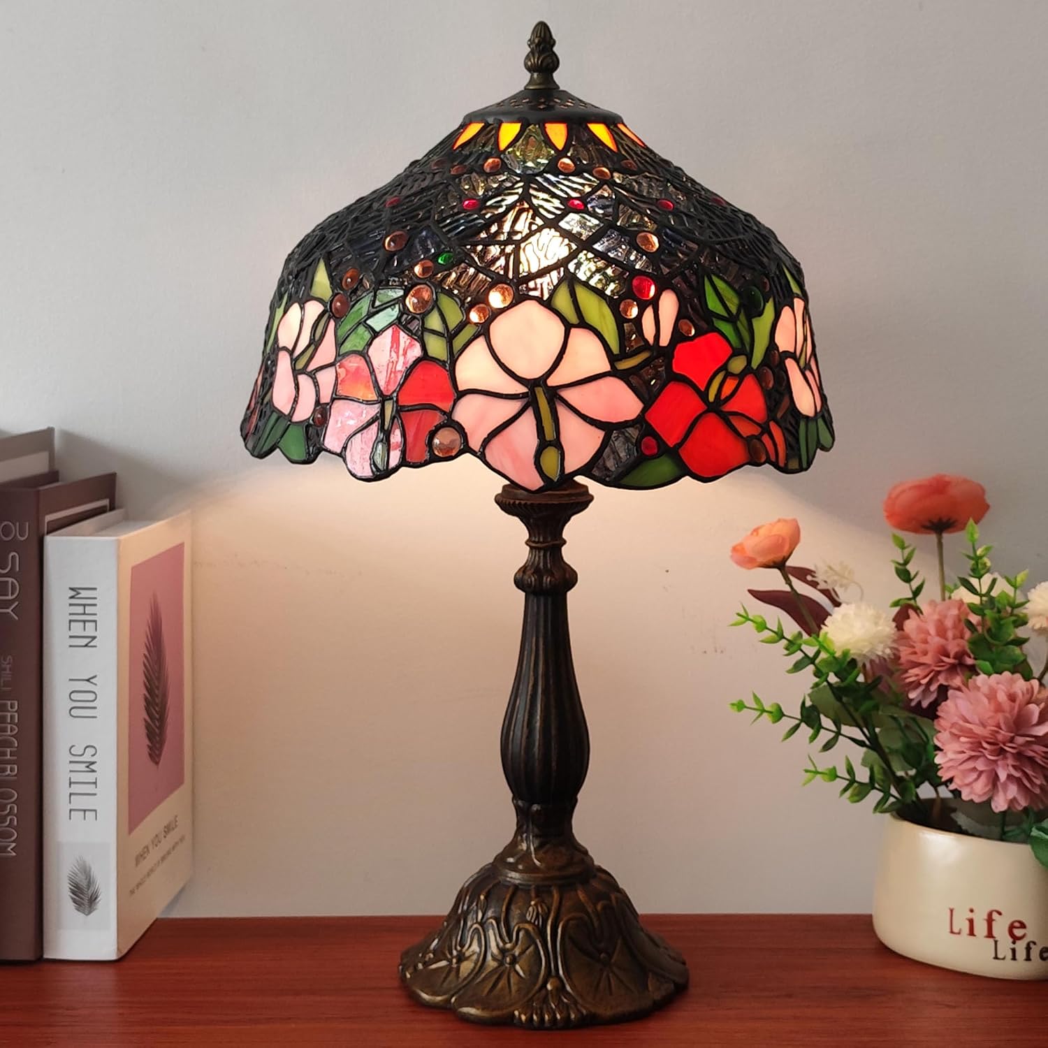 Tiffany Lamp Stained Glass Table Lamp Tiffany Style 3-Way Vintage Beside Reading Light 12 inch Flowers Style Antique Nightstand Light (Red Pink Flowers)