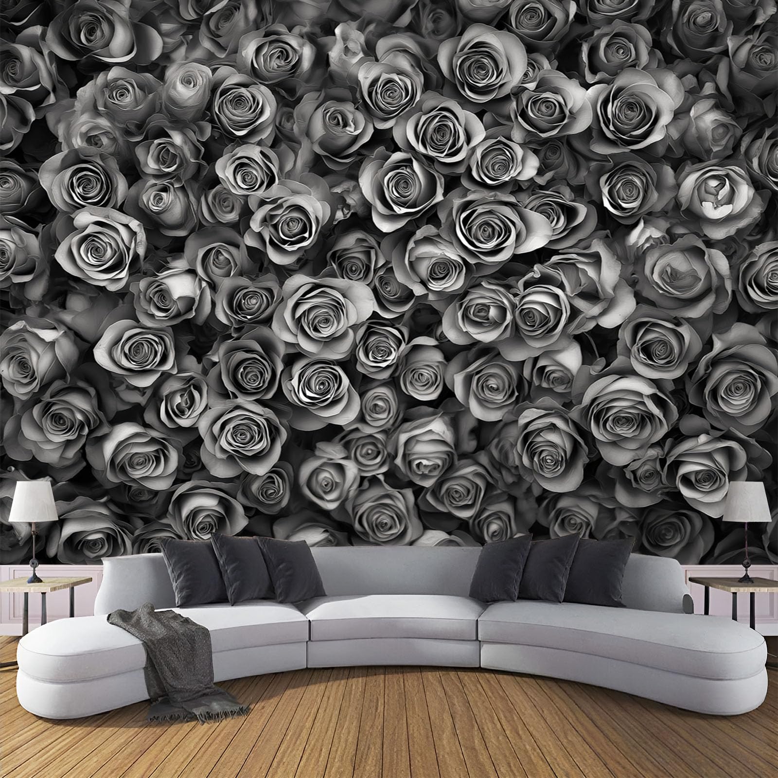 Papier peint tissu de soie roses 3D 400x280cm élégant floral noir gris salon