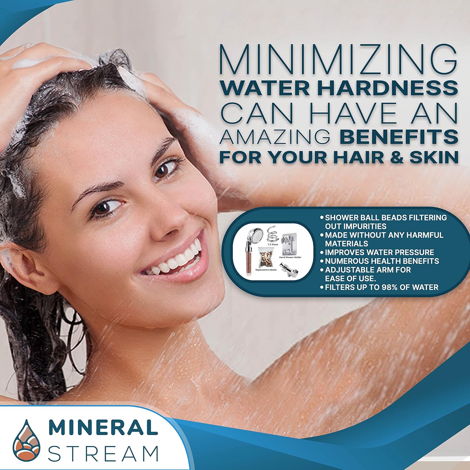 Mineral Stream Ionic Shower Head Full Kit with Replacement Beads + Hose + Shower Holder & Arm Diverter| 3 Settings High Pressure Water Saving Showerhead for Dry Hair & Skin