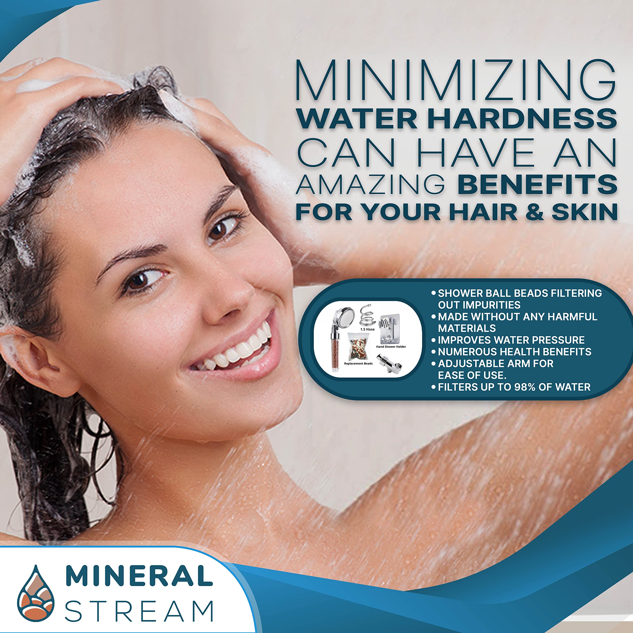 Mineral Stream - Kit completo di soffione ionico con perline di ricambio + tubo + supporto doccia e deviatore a braccio, 3 impostazioni ad alta pressione a risparmio idrico per capelli secchi e pelle