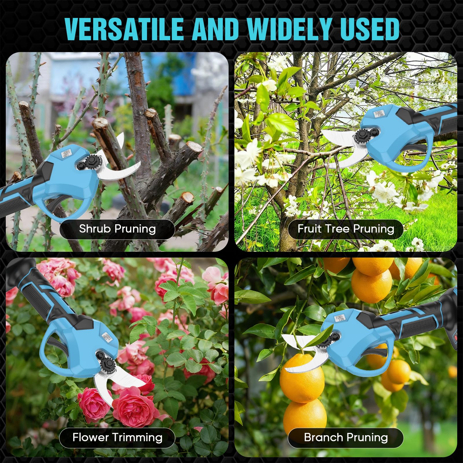Tijeras de Podar Electricas, 40mm Tijeras de Podar a Bateria, 2 baterias de 21V, Pantalla LED, Motor sin Escobillas, 2 Cuchillas SK5, Podadora electrica para jardines, árboles frutales y robles
