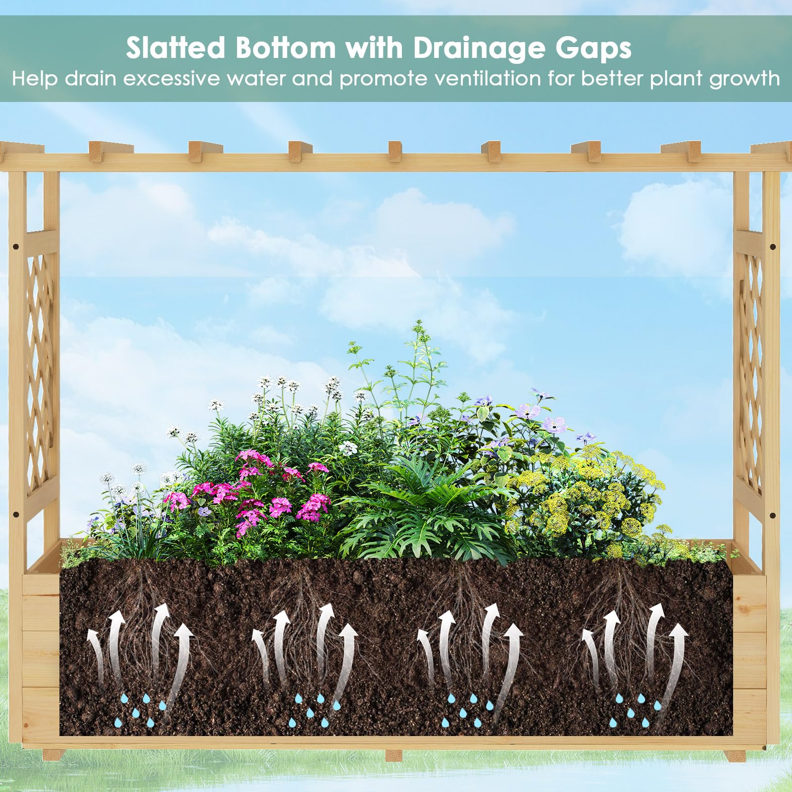 HOMASIS Jardinière Surélevée avec Treillis & Etagère de Toit, Lit de Jardin en Bois avec Trous de Drainage, Bac à Fleurs pour Plantes Grimpantes, Légumes, Fleurs, Herbes pour Extérieur (Grand)
