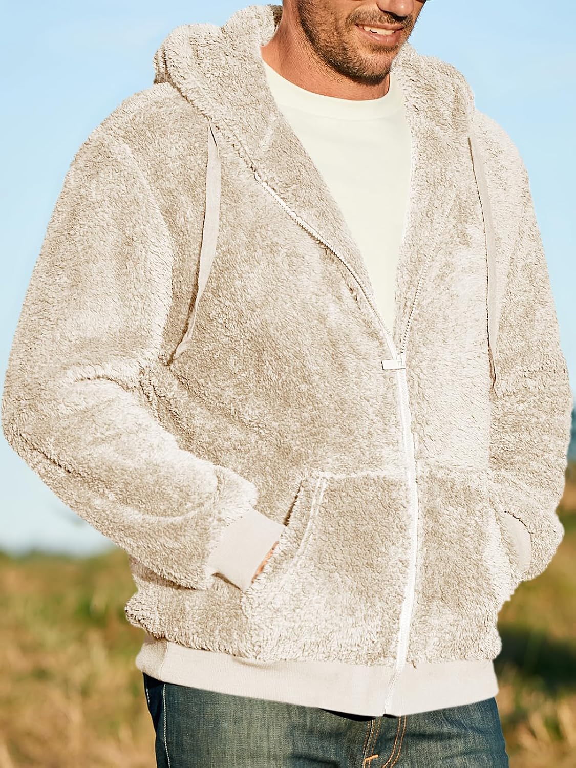 Karlywindow Men's Fuzzy Sherpa Athletic Hoodie Heavyweight Fleece Jacket Zip Up Hooded Sweatshirt Sports Coat - Image 3