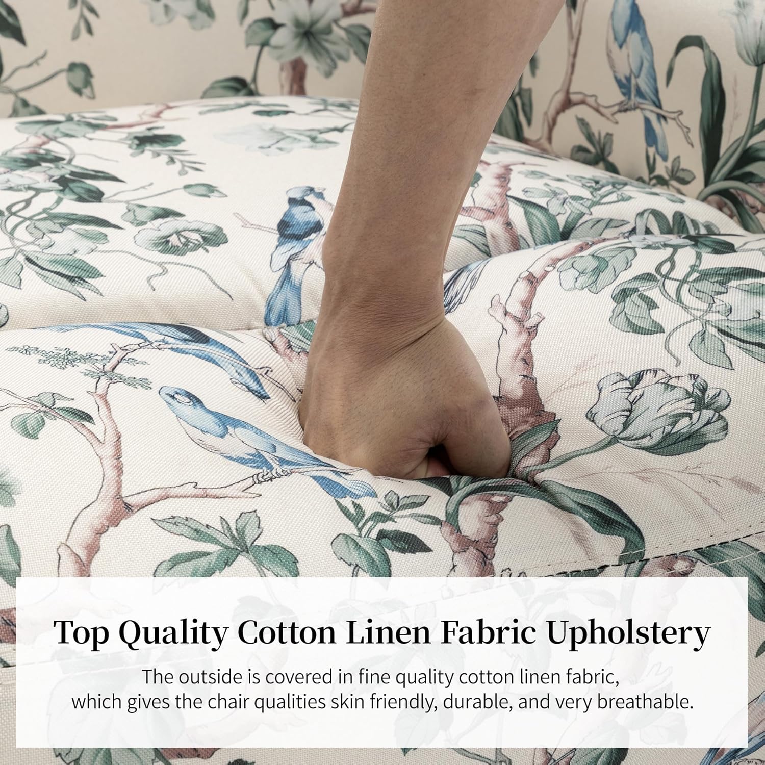 Close-up image of the DREAMSIDEA Swivel Rocker Recliner Chair's upholstery, highlighting the texture and floral pattern, with text describing it as 'Top Quality Cotton Linen Fabric Upholstery'.