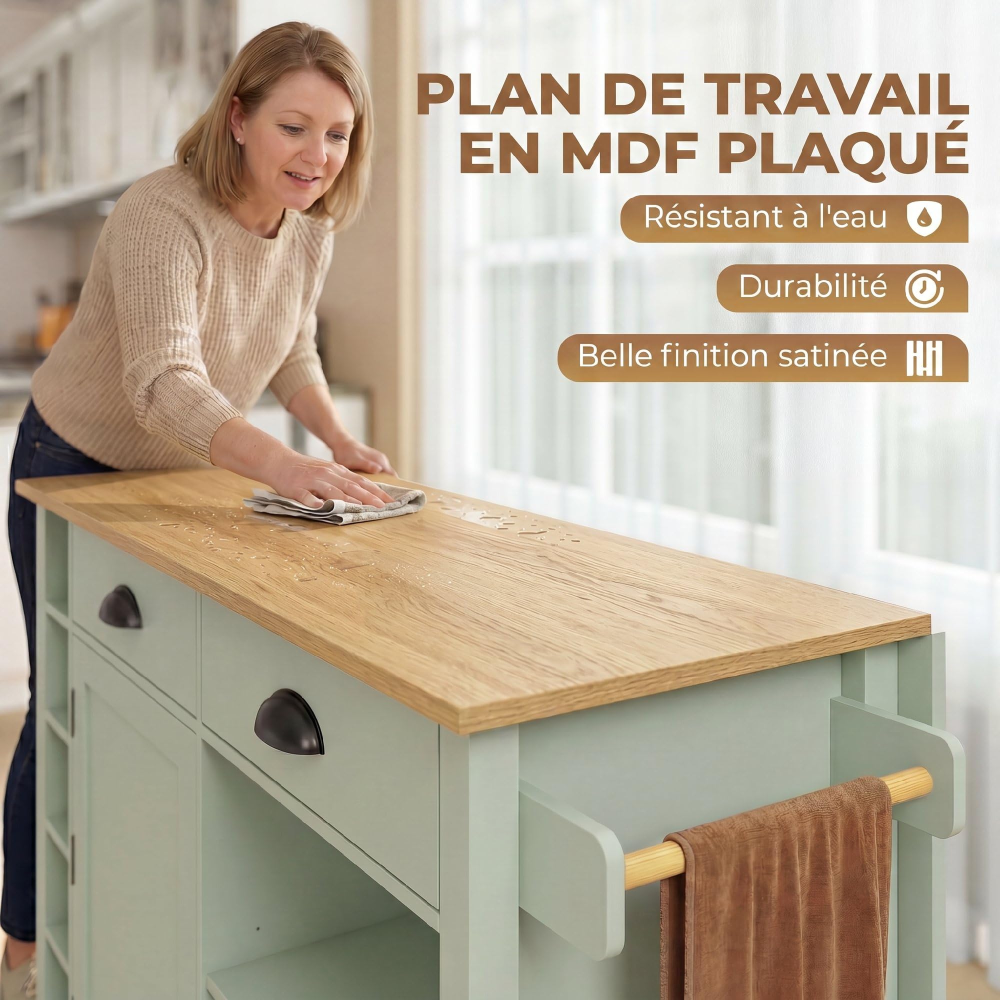 HOMCOM Îlot Central Cuisine avec Plateau Pliant, Desserte de Cuisine sur roulettes avec Placard, 2 Tiroirs, Porte-Serviettes, Étagère Réglable, Compartimentss Ouverts, 117,5 x 70 x 91 cm, Vert Clair