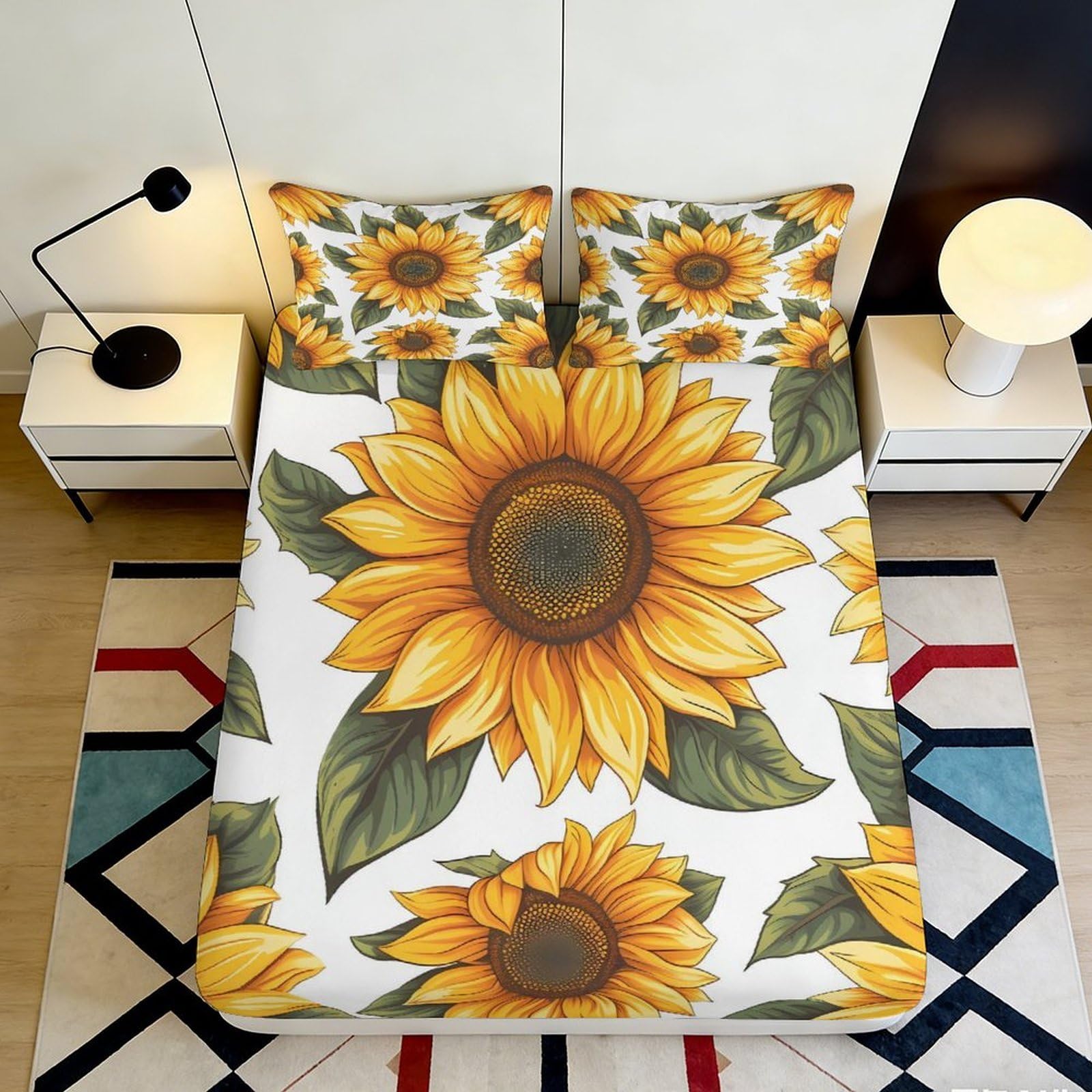 3D Printed Sunflower Fitted Sheet Microfiber Deep Pocket Non-Slip Bedroom Bedding Sunflower Mattress Fitted Cover Full Wrap Washable 140x200x25cm