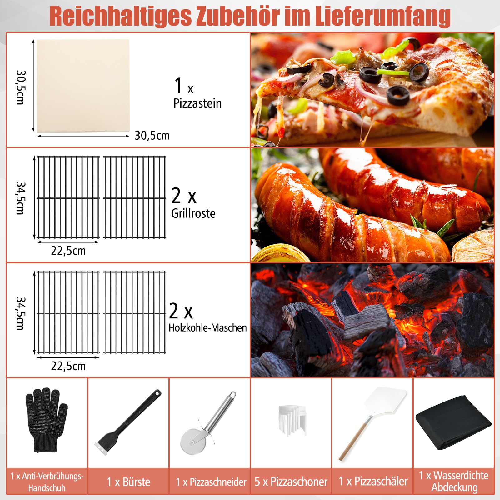 COSTWAY Pizzaofen Outdoor, holzbefeuerter Pizza Ofen mit Thermometer, Griff, Rädern, wasserdichter Abdeckung, Ascheauffangschublade