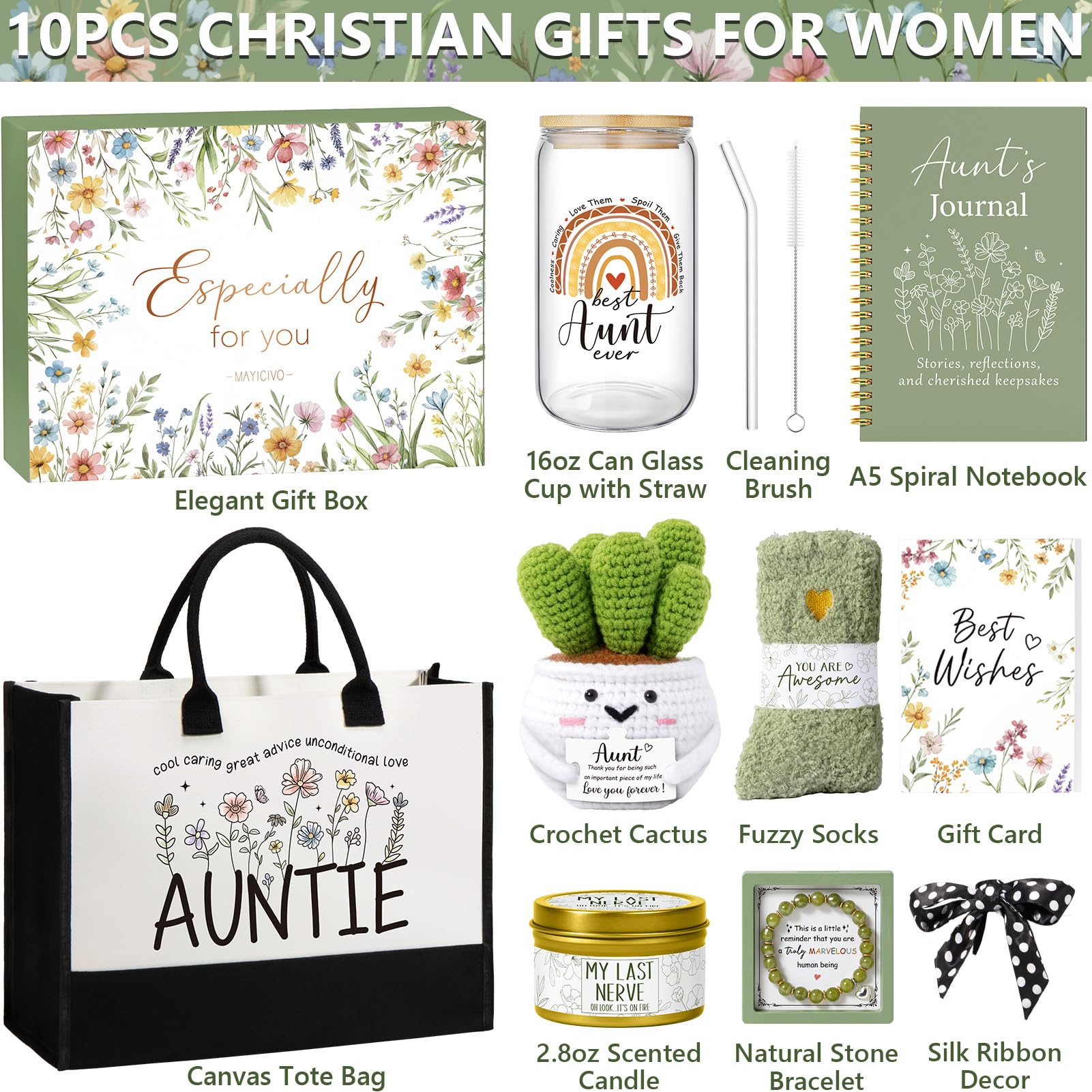 MAYICIVO Aunt Gifts from Niece Nephew, Mothers Day Aunt Birthday Gifts for Auntie, Best Auntie Christmas Birthday Gift Mothers Day Gift Baskets for Aunts Women with Canvas Tote Bag 16Oz Glass Cup