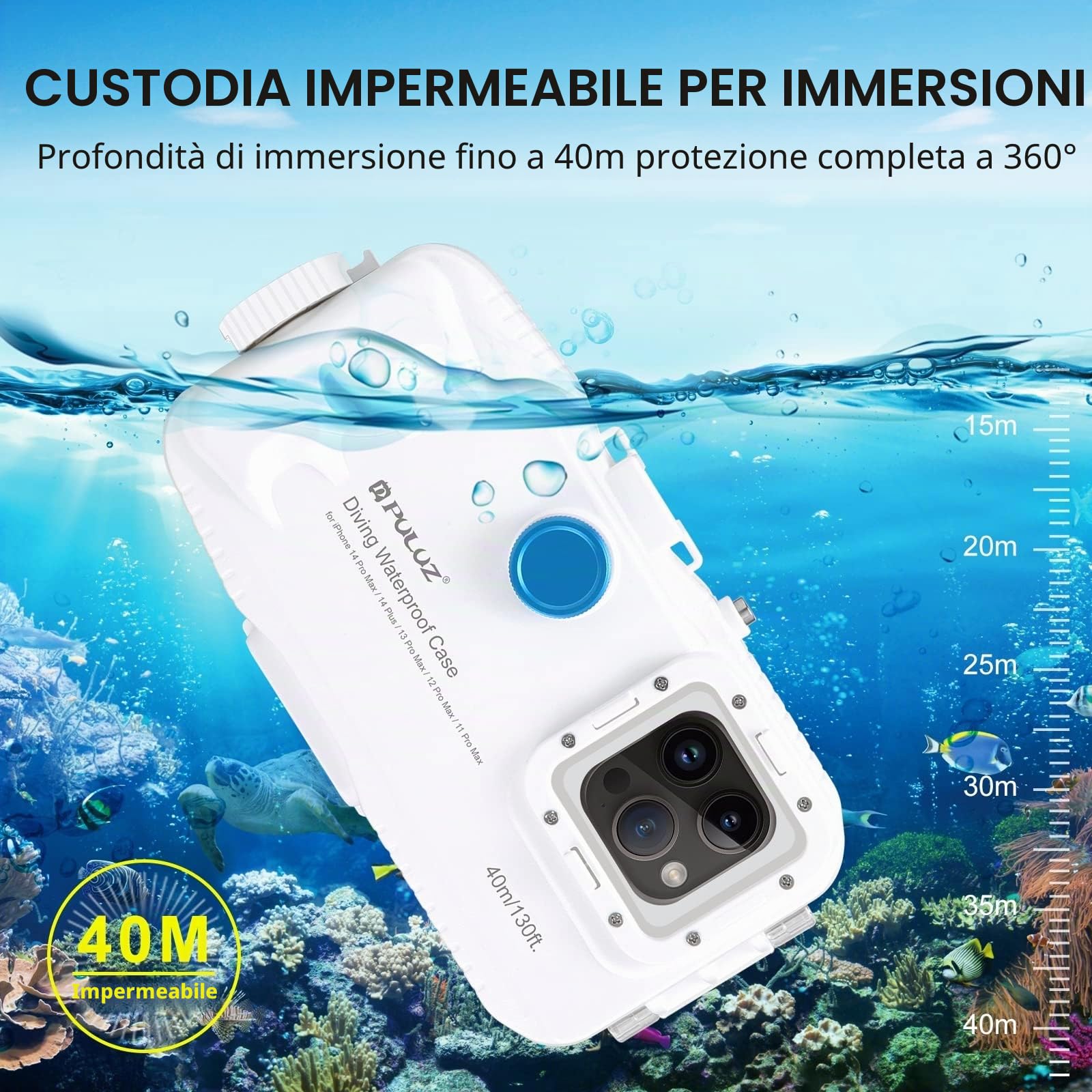 PULUZ Custodia impermeabile da 40 m per iPhone 14 Plus / 14 Pro Max / 13 Pro Max / 12 Pro Max / 11 Pro Max, per Surfing Snorkeling galleggiante foto video scattando custodia subacquea bianca