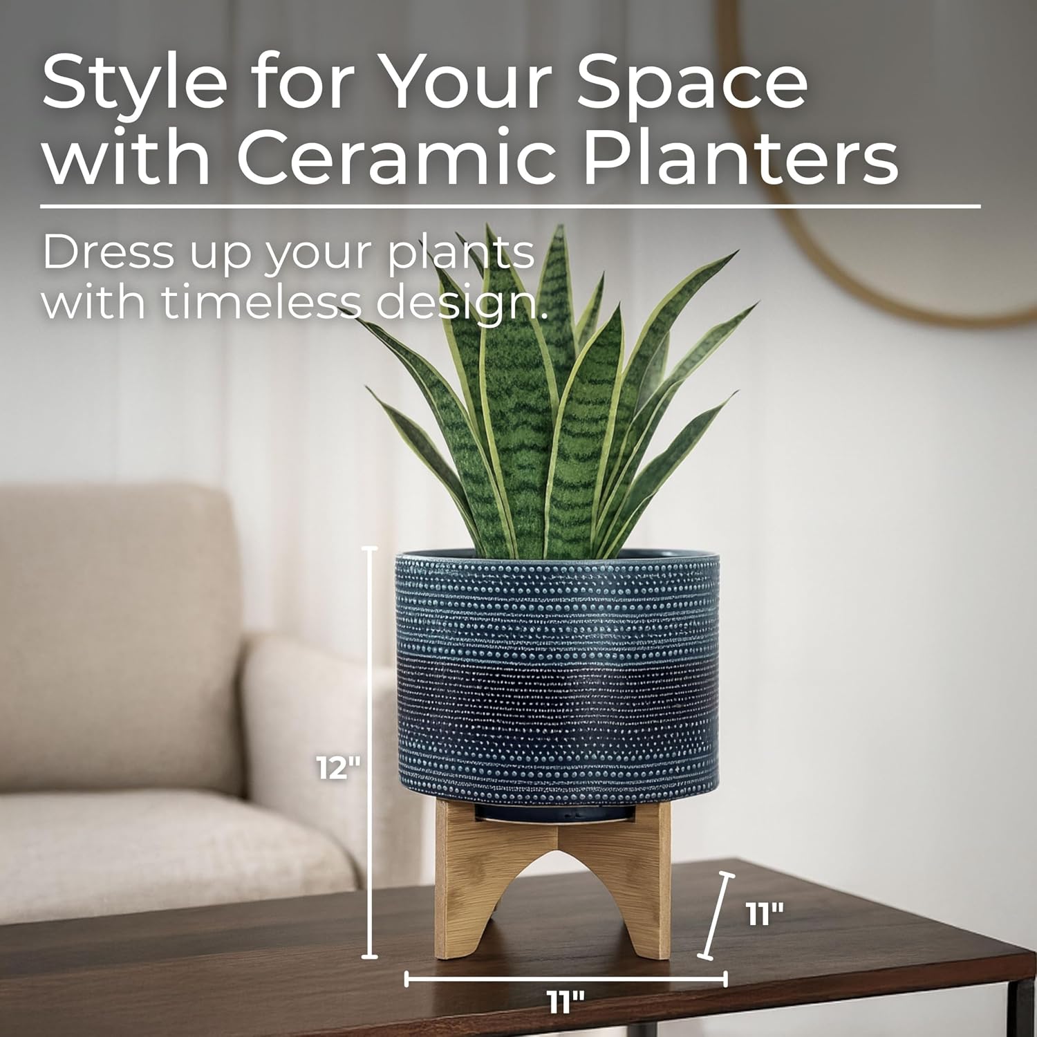 Dotted Decorative Planter Pot with Wood Stand – Ceramic Stoneware Outdoor & Indoor Plant Pot with Drainage Holes – Modern Garden & Home Decor Planters – 11", Blue