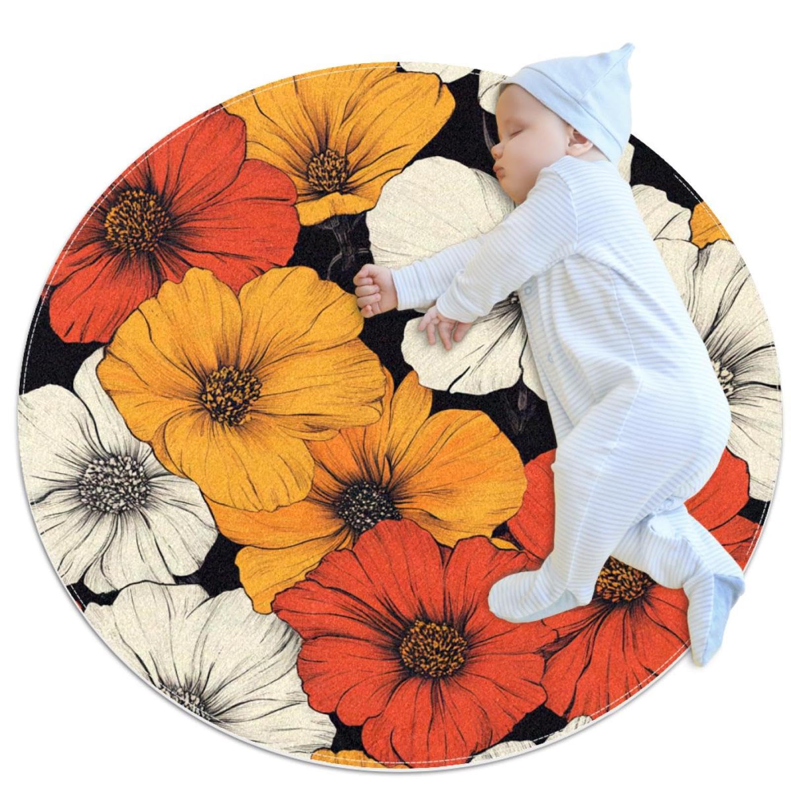 Tapis de salle de bain rond 1m motif fleur hibiscus pour salon