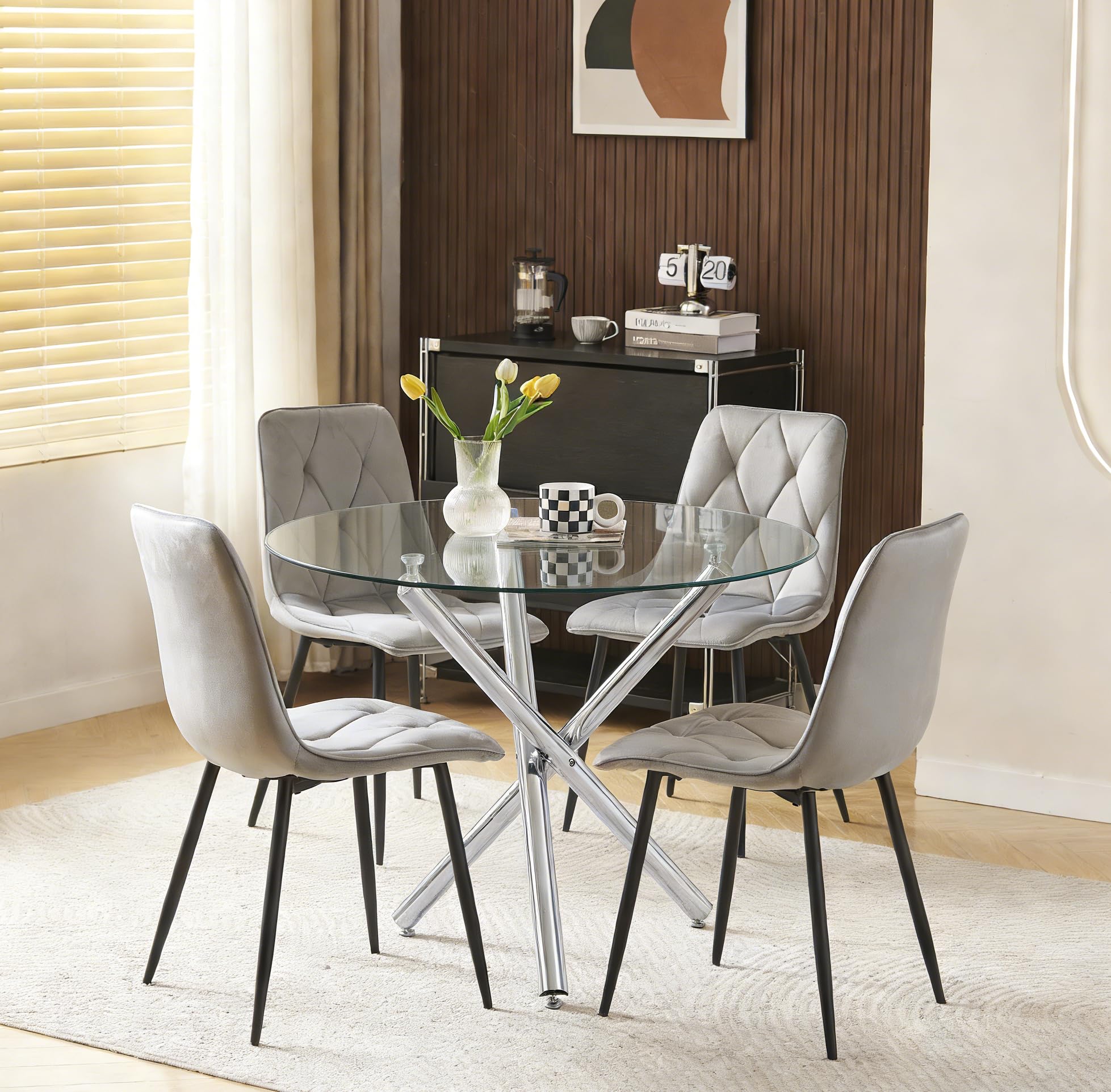 Menaka 5 Pieces Round Glass Dining Table and Grey Velvet Chairs Set Small Space for 4 People, Modern Kitchen Table with Chairs Set of 4 Restaurant (table with 4 grey chairs)