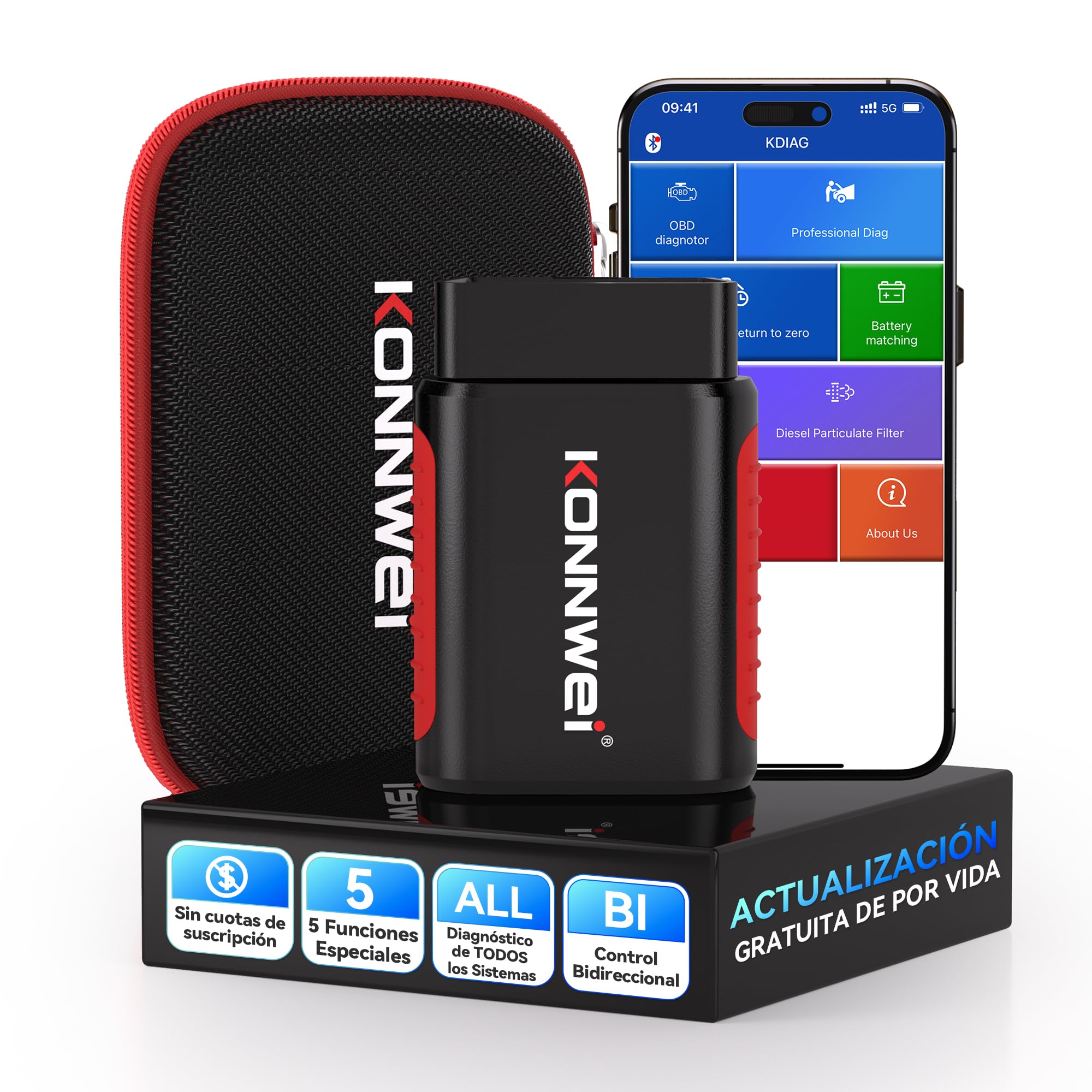 KONNWEI KDIAG - Escáner OBD2 Bluetooth, herramienta de diagnóstico para todo el sistema, 5 reinicios, comprobación del lector de código del coche, prueba de rendimiento del vehículo para iOS y Android