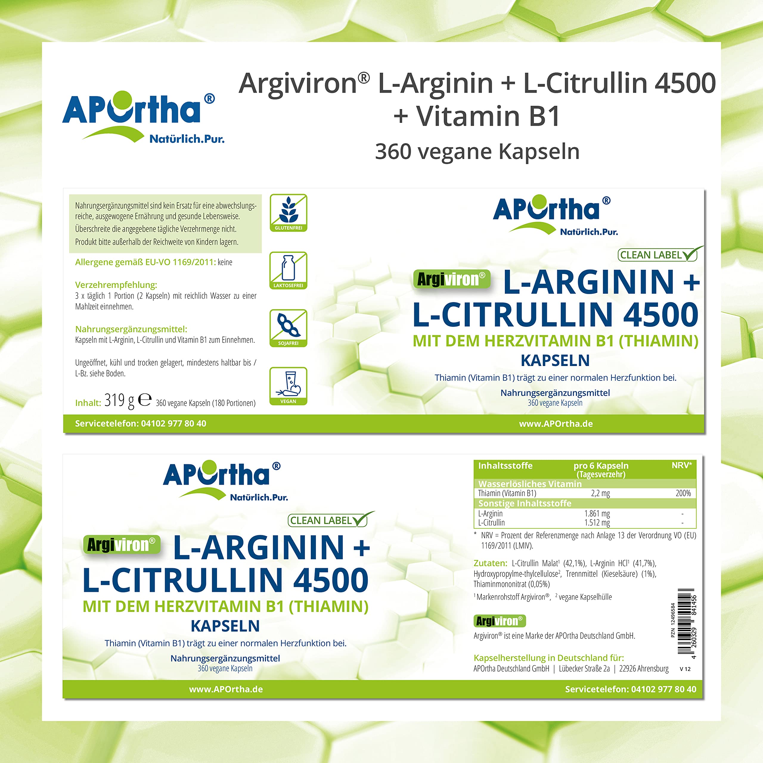 APOrtha® Argiviron® L-Arginin + L-Citrullin 4500 hochdosiert + Herzvitamin Vitamin B1, 360 vegane Kapseln, Hochdosiert im Verhältnis von 1,6 zu 1 von L-Arginin zu L-Citrullin, allergenfrei
