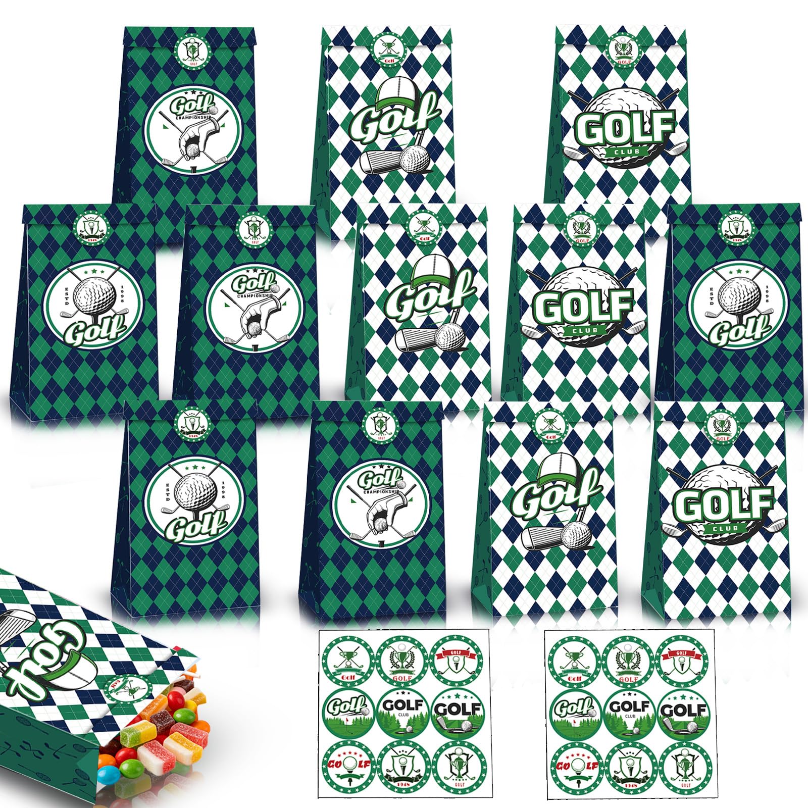 12Pcs Golf Cherry Party Bags Paper Gift Bag for Kids Party,Kraft Sweet Goodie Treats Candy Bag with 18 Stickers,Small Gift Bags for Adult Boys Girls Kids Birthday Sports Golf Theme Parties Favour
