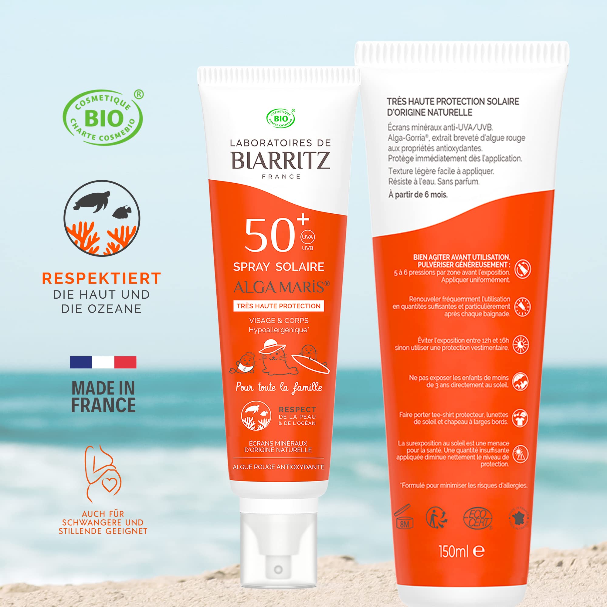 Laboratoires de Biarritz - Sonnnenspray LSF50+ ALGA MARIS® Bio-zertifiziert - Gesicht und Körper - Für Babys, Kinder und Erwachsene - Familienformat 150ml - Made in France