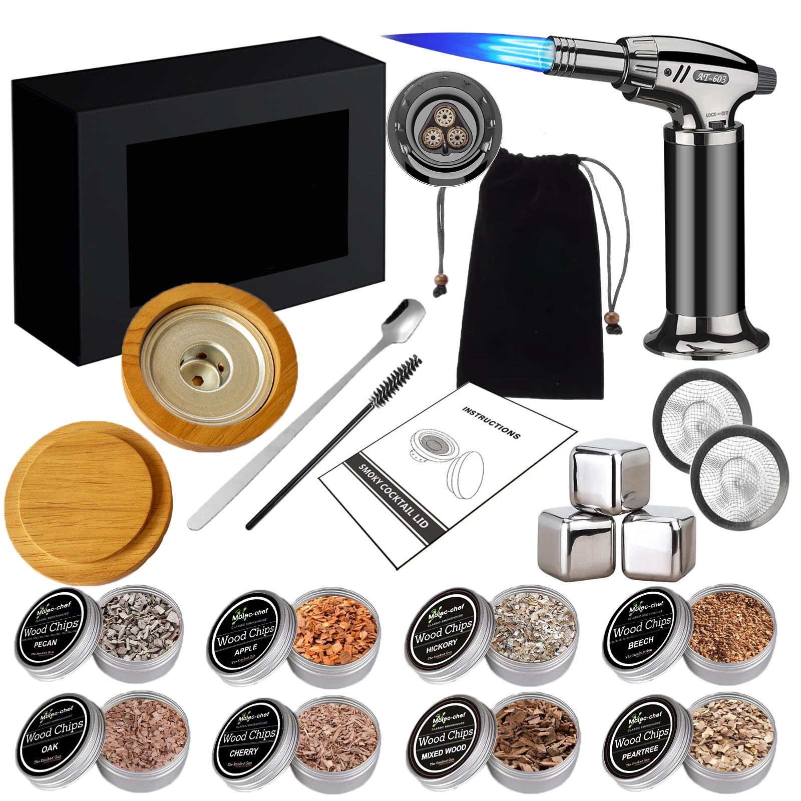 Kit Fumoir Whisky - Fumoirs Cocktails avec Copeaux de Bois de Fumage Naturels 8 Saveurs, Pierres à Whisky - Accessoires Bar pour Bourbon Boissons Fromage Cadeau Homme Père Petit Ami