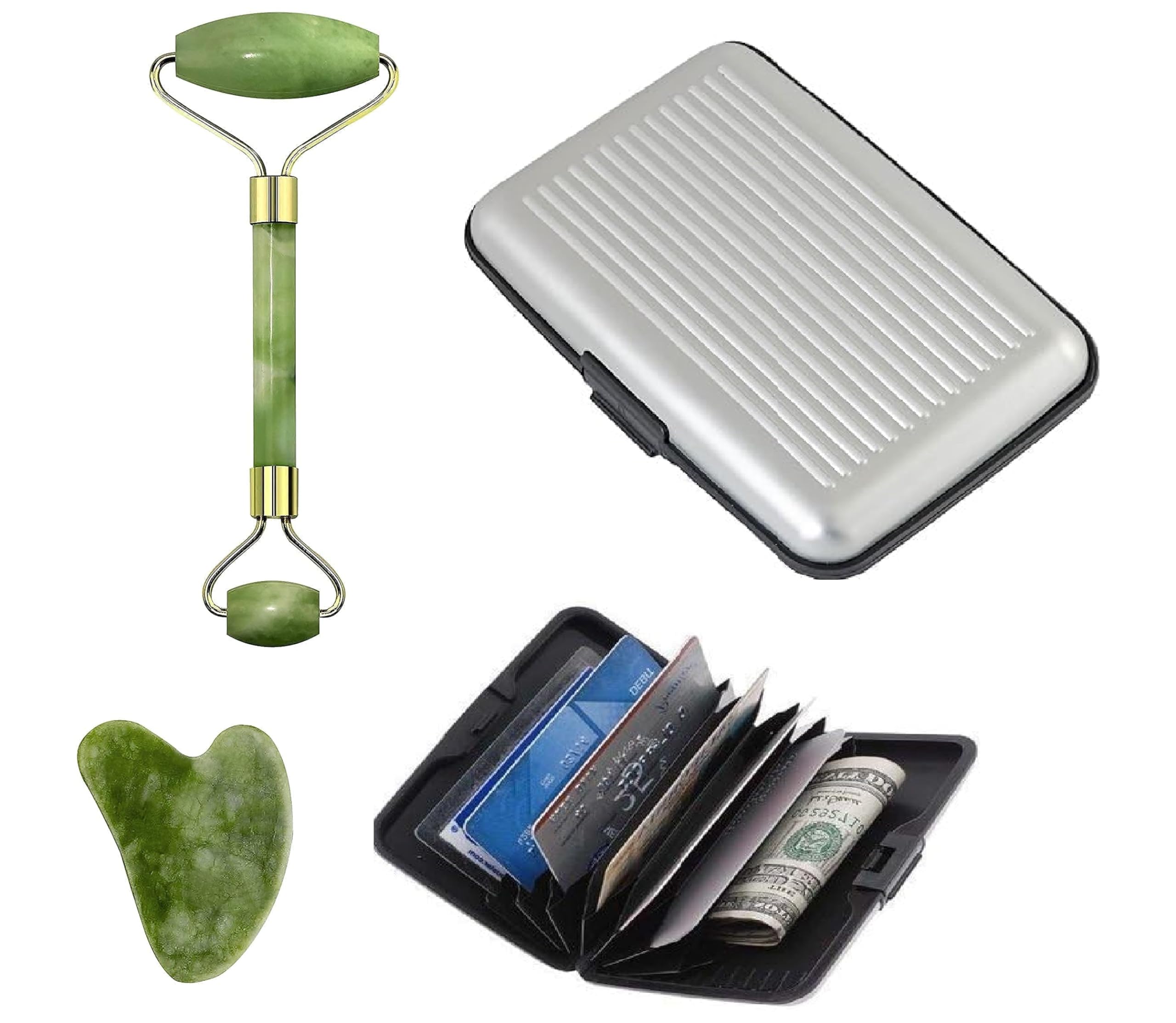 Zade Aloe Vera Facial Massager, Roller and Gua Sha Tool, Himalayan Stone for Face, Neck, Wrinkles, Serum Application, with 6 Card Slots Wallet Case