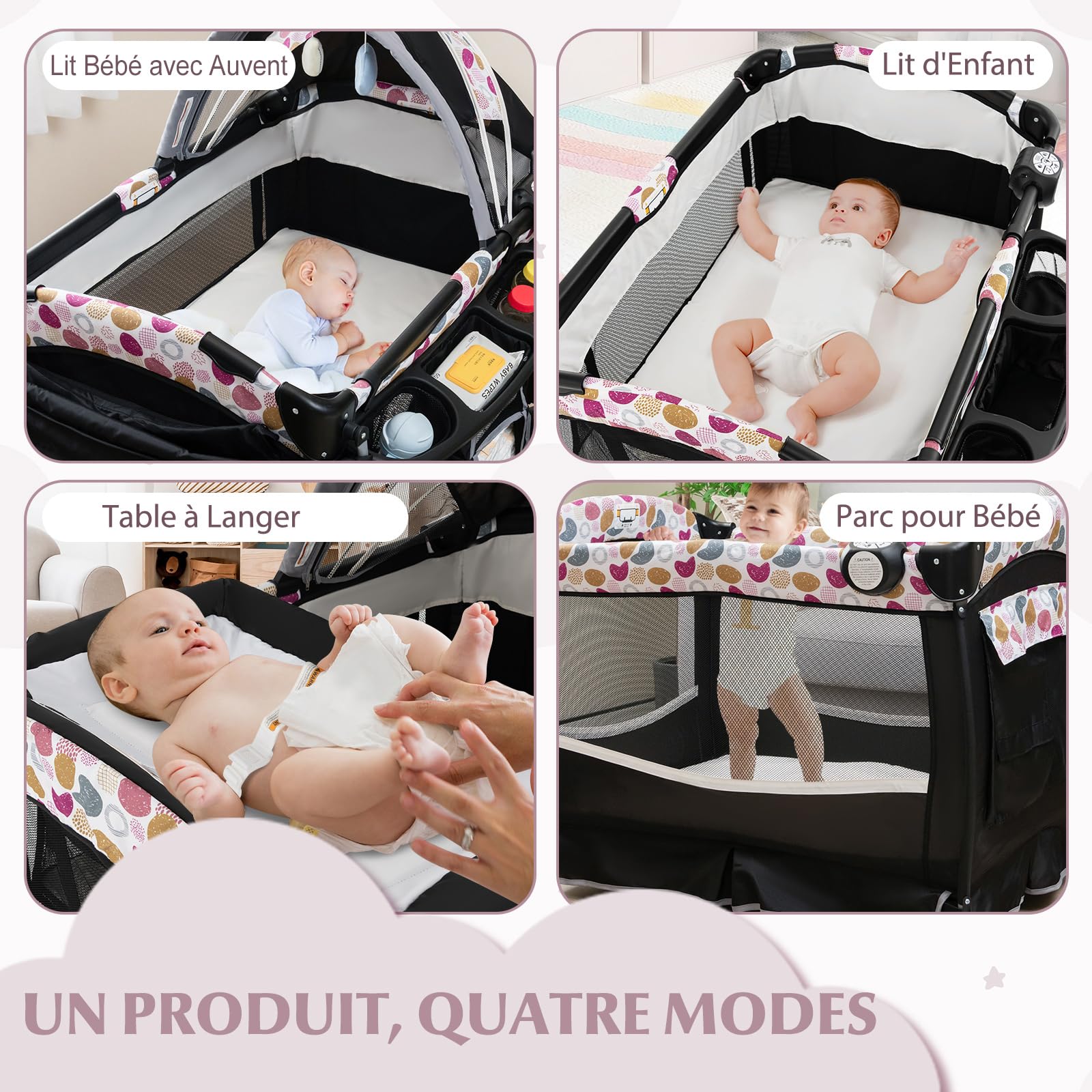 DREAMADE Lit Parapluie Bébé avec Matelas,4 en 1 Lit de Voyage 102x73x80CM Tout-Petites 0-3Ans avec Roues Verrouillables,Auvent Réglable,Poche,Porte-Couches,Sac de Transport (Noir+Cercle)