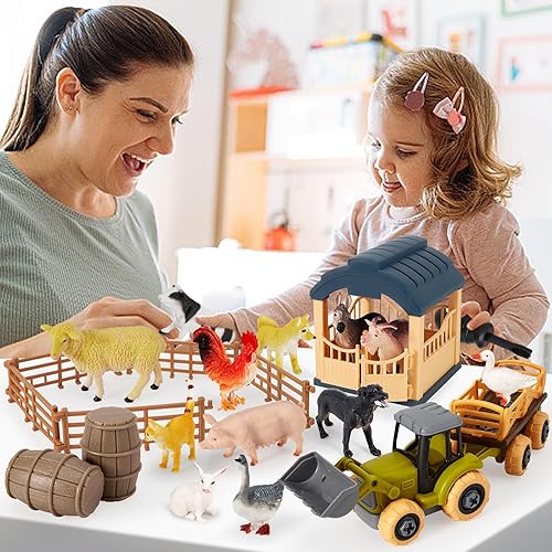 Miniatura 6 de Buyger Juego de figuras de animales de granja, juguetes de tractor de juguete, figura de animales de plástico, juego de valla de granero, regalos