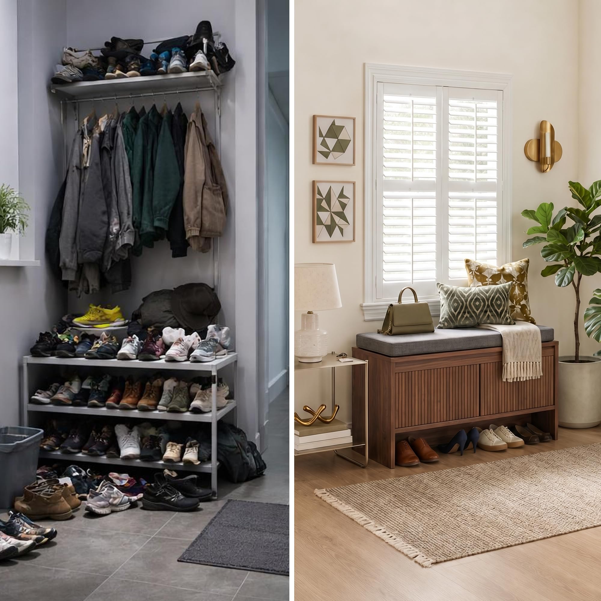 Schuhbank mit Sitzfläche und Stauraum in Walnuss Optik, Moderne Sitzbank Flur mit Lamellen Design, gepolsterte Schuhkommode mit Soft Close Türen, Elegantes Flurmöbel 65 cm