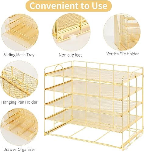 Miniatura 3 de Organizador de escritorio de 5 niveles con estantes verticales, bandeja de papel de escritorio para organización de oficina con cajón y soporte para