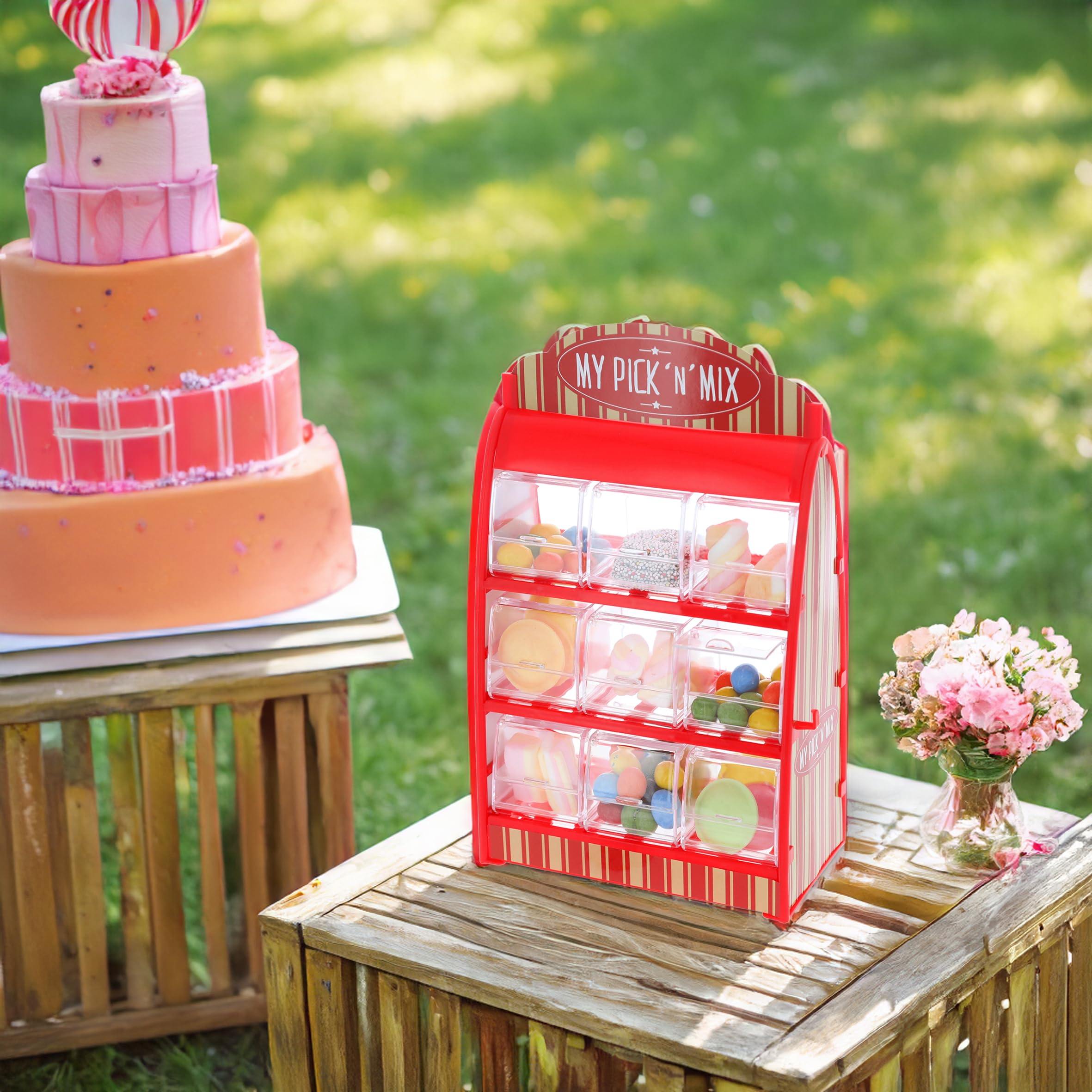 Süßigkeitenspender mit 9 Fächern - 30 x 18 cm - Candy Bar im Retro Design mit Zange - Süßigkeiten Spender Bonboniere Weingummi Jellybeans Theke